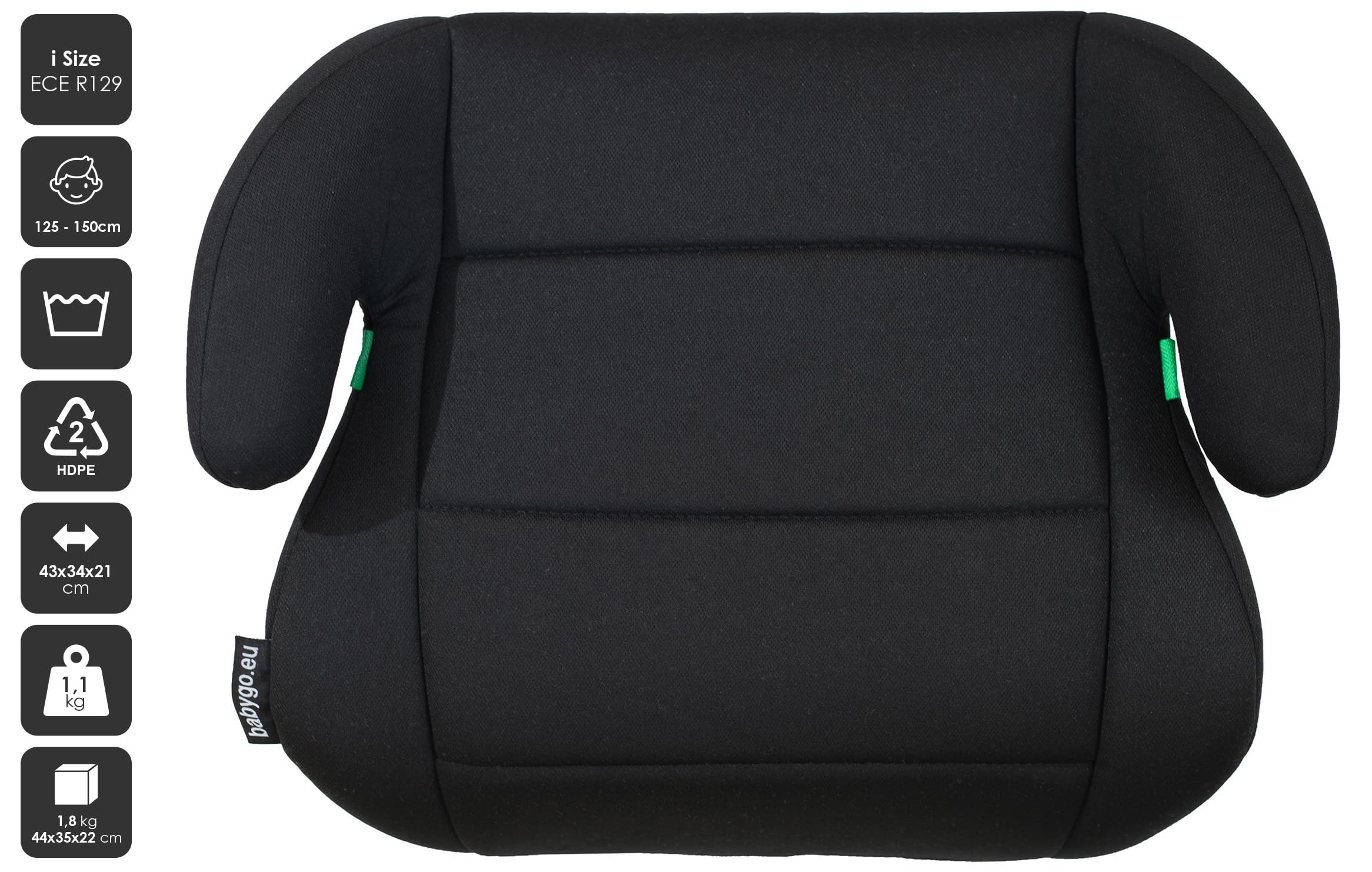 babyGO Podwyższenie siedzenia Booster zgodnie z nową normą I-Size – podwyższenie fotelika dziecięcego – fotelik samochodowy dla dzieci (125-150 cm), kolor czarny