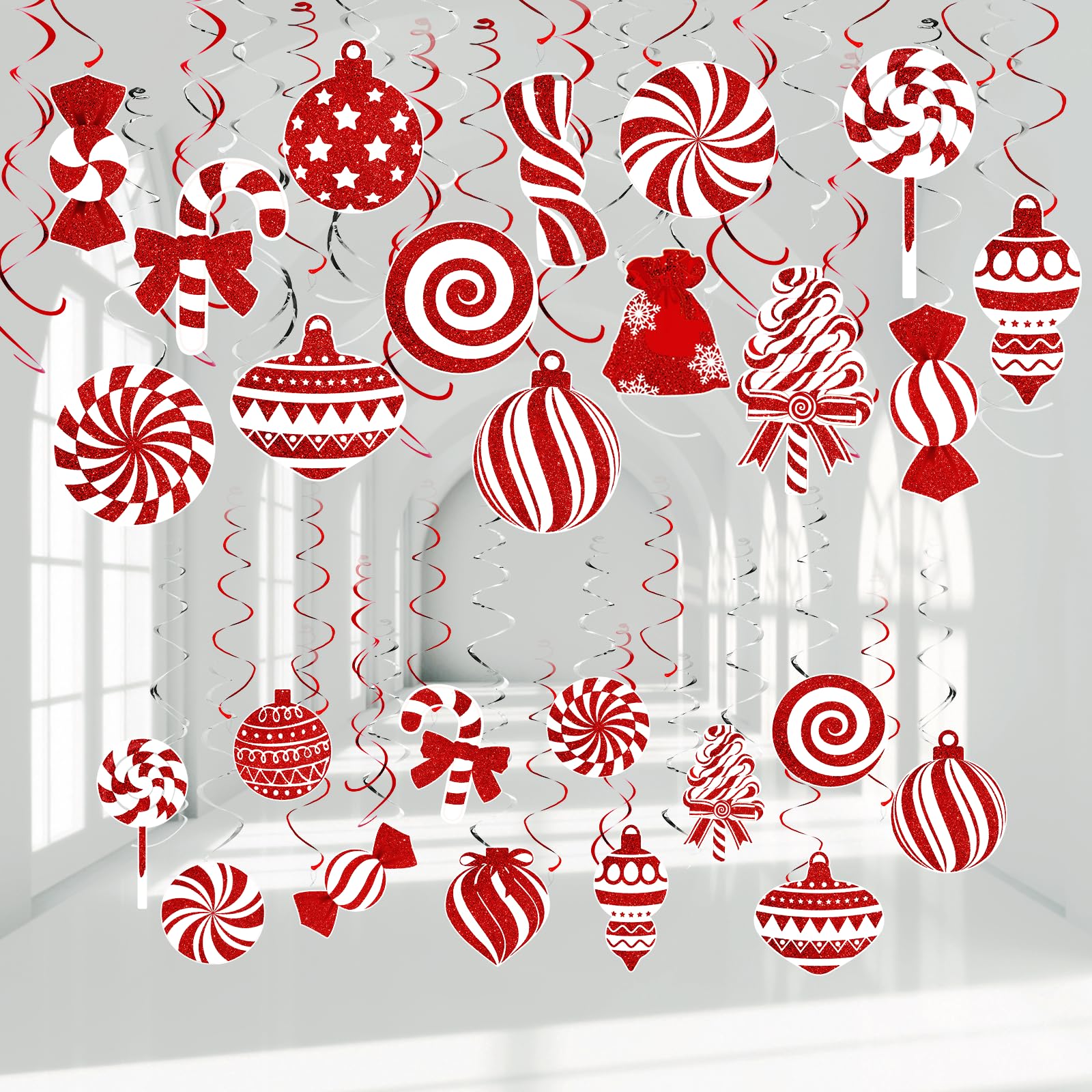 42Pcs Candy Cane Christmas Party Decorations Glitter Red and White Hanging Swirls Peppermint Ceiling Christmas Streamer Candy Lane Decor for Xmas Holiday Christmas Party Office Home Candyland Supplies