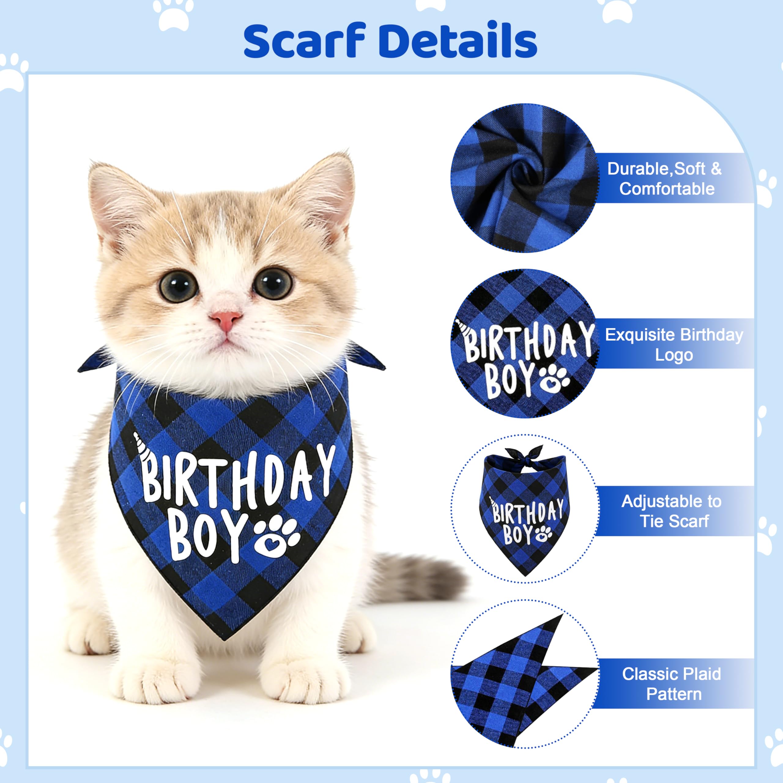 Set di Bandana Compleanno per Cani con Cappello e Pompon, Numeri Bling Adesivi 4 Pezzi Blu