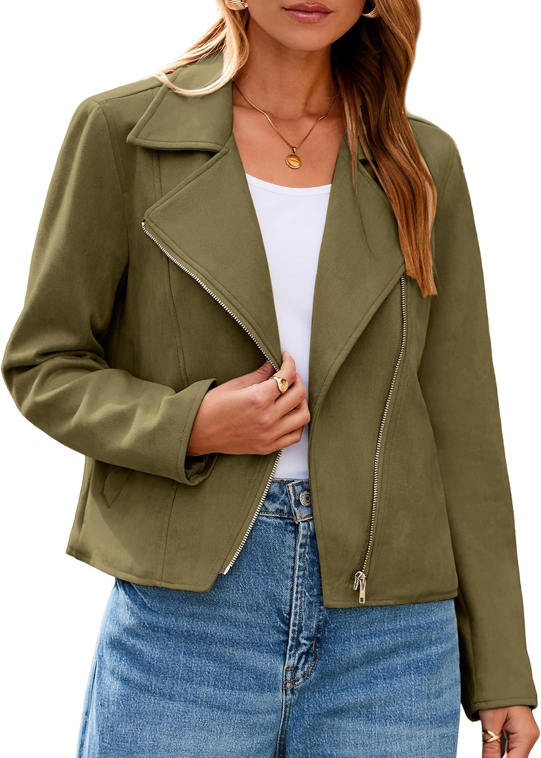 Glamaker Womens Faux Suede Jackets Long Sleeve Casual Cropped Zipper Biker Moto Jacket Fall Winter Outfits