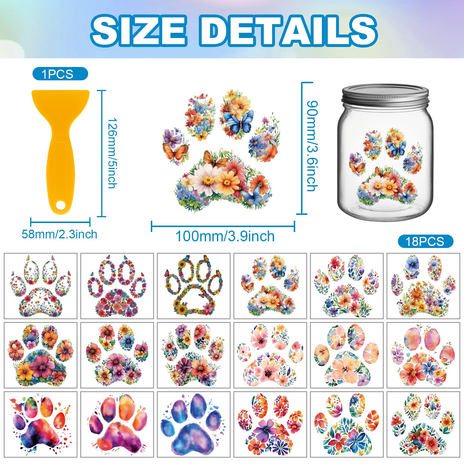 GLOBLELAND 18 Sheets Dog Paw Prints Transfer Stickers 3.9x3.6inch Flowers Dog Claws Decals Stickers Colorful Watermark Rub on Transfer for Furniture Vase Glass Mason Jar Decorations Art Crafts - Image 2