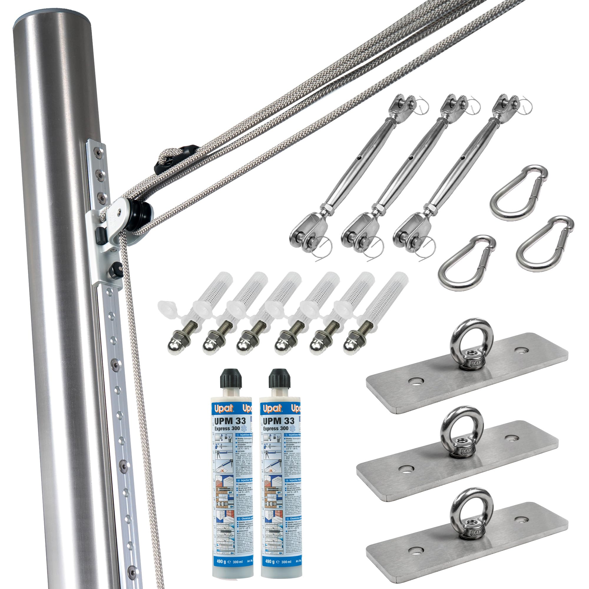 Befestigungs-Set für viereckige Sonnensegel | 3 Wandhalter & Masten verstellbar & inkl. Zubehör - (In Mauerwerk - 2X Wandhalter/Verankerungen, 2X Wantenspanner/Karabiner)