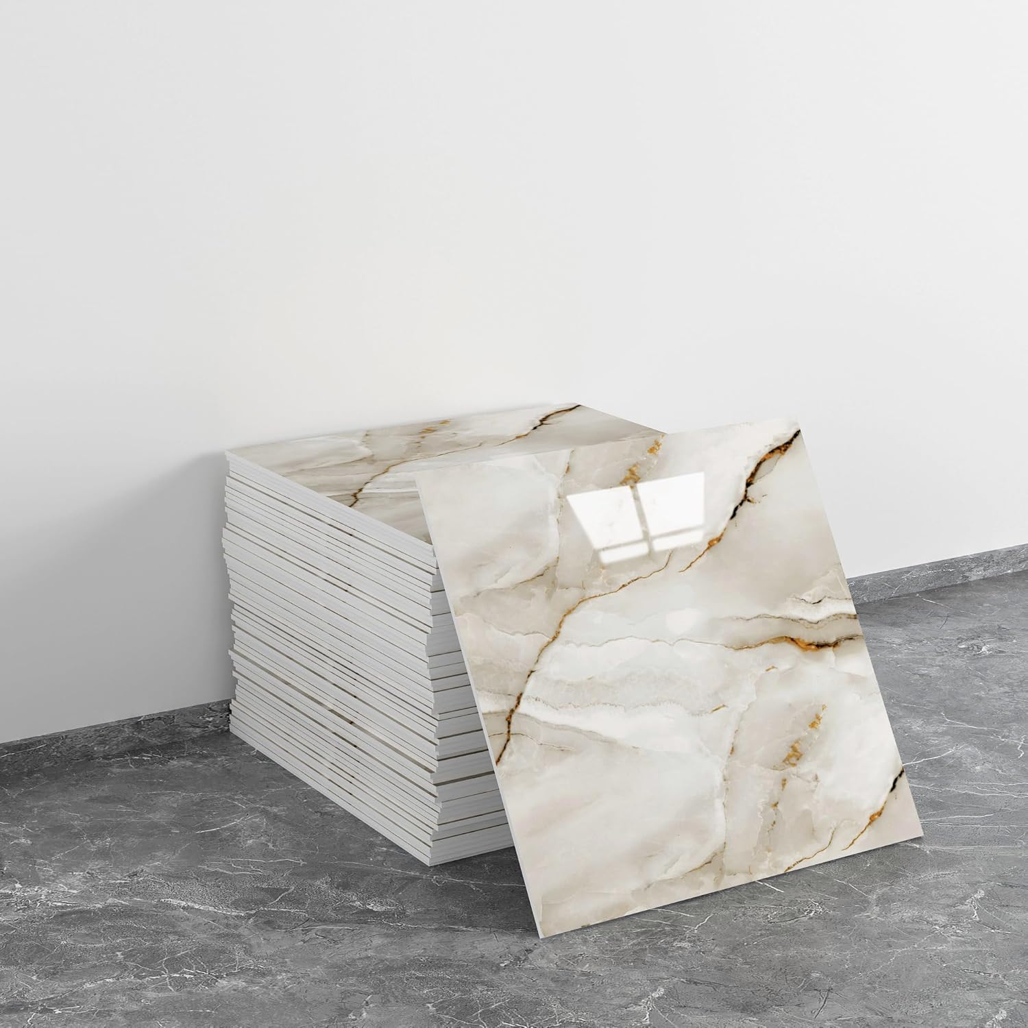 20pcs Marble Peel and Stick Waterproof PVC Shower Wall Panels Bathroom Backsplash Tile Stick on Wall for Bedoom, Kitchen 11.8"x11.8" (White with Gold crackles,19.4 Sq.Ft.)