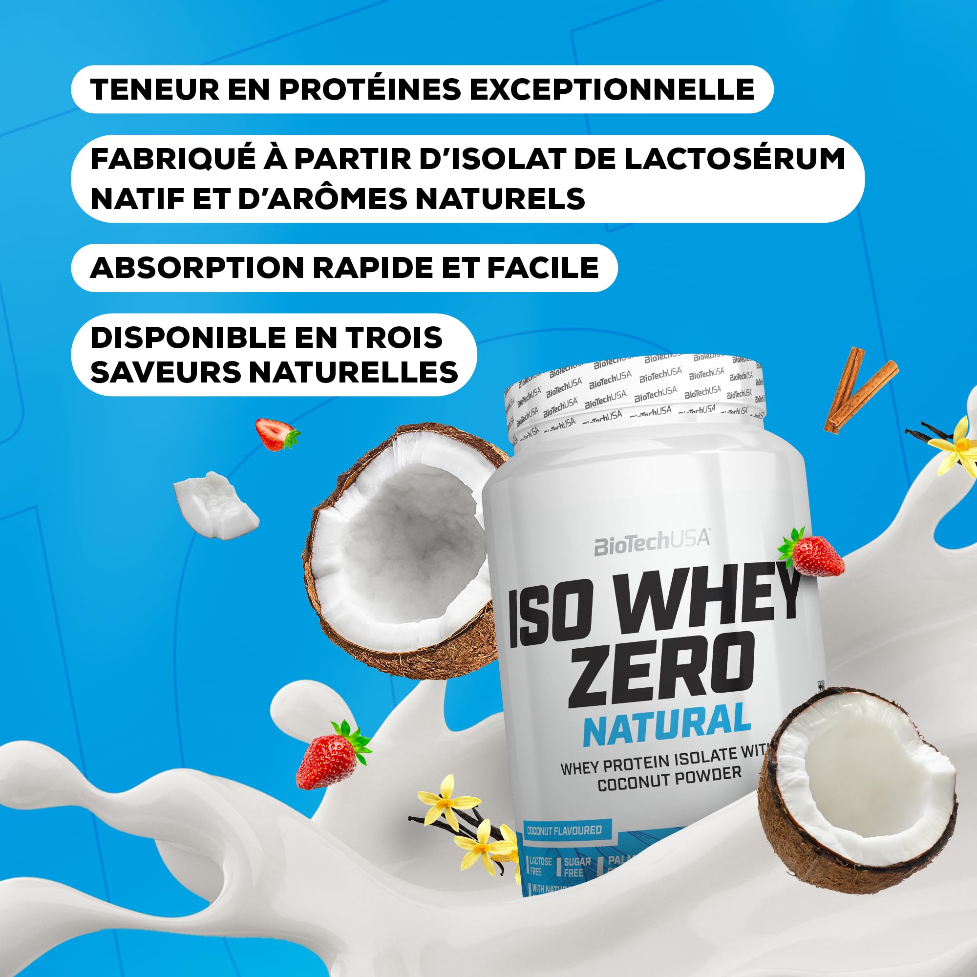 BioTechUSA Iso Whey Zero Natural | Isolat de lactosérum | Arômes naturels | Sans édulcorants ni colorants | Aucun conservateur | Sans lactose, sucres & gluten | 908 g | Fraise