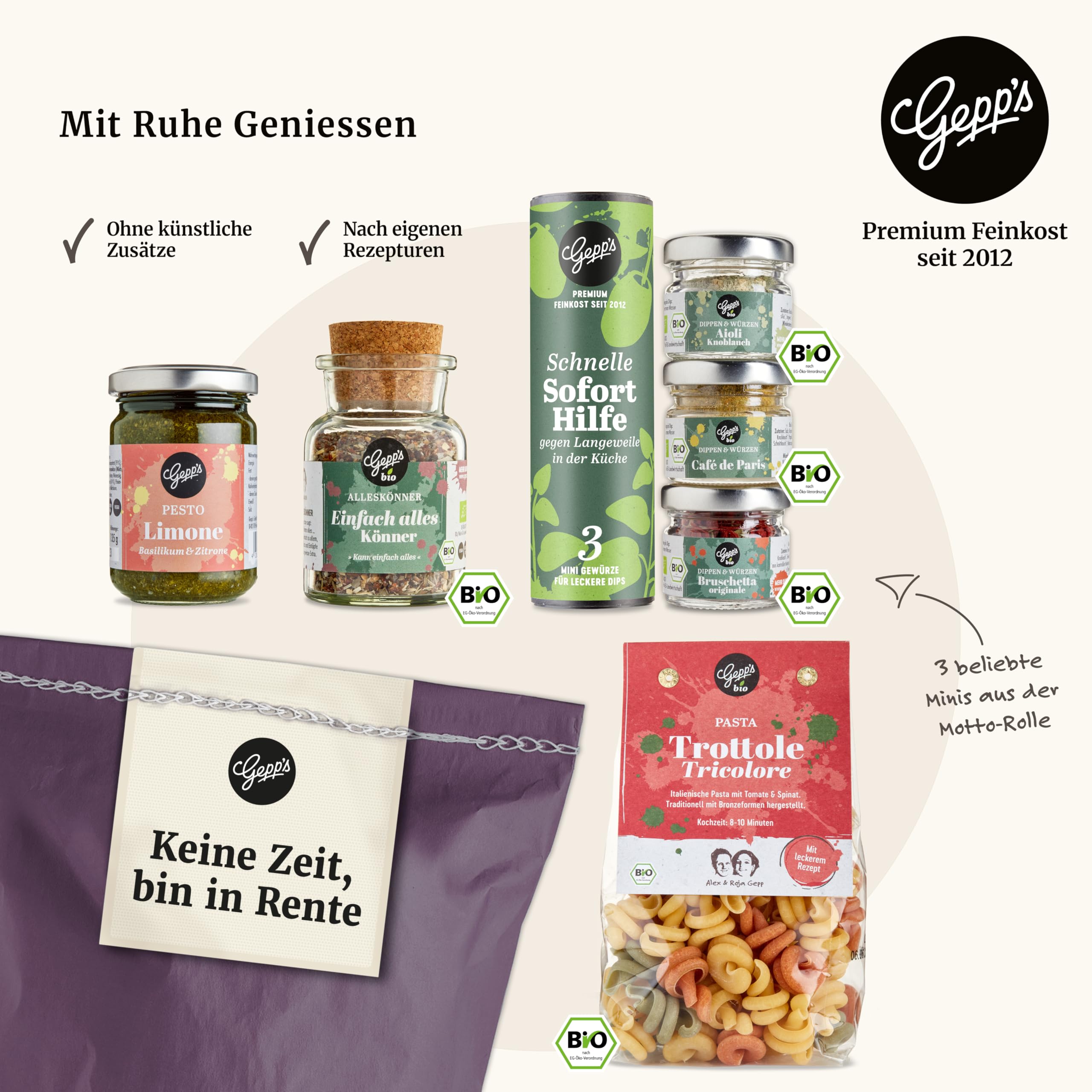 Gepp's Feinkost Rentenbox Geschenkkorb für den Ruhestand mit Pasta, Pesto und Delikatessen