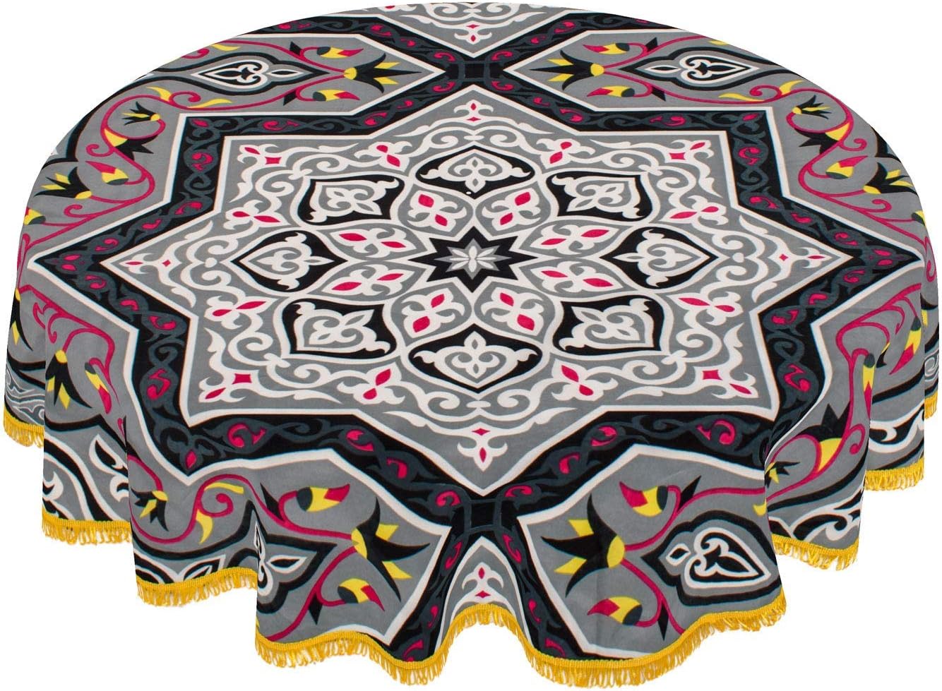 CraftiEgypt Egyptian Ramadan Decorations Colorful Gray Printed Khayamiya Polyester Cotton Tablecloth Cover Top Round 55 Inches 140 cm