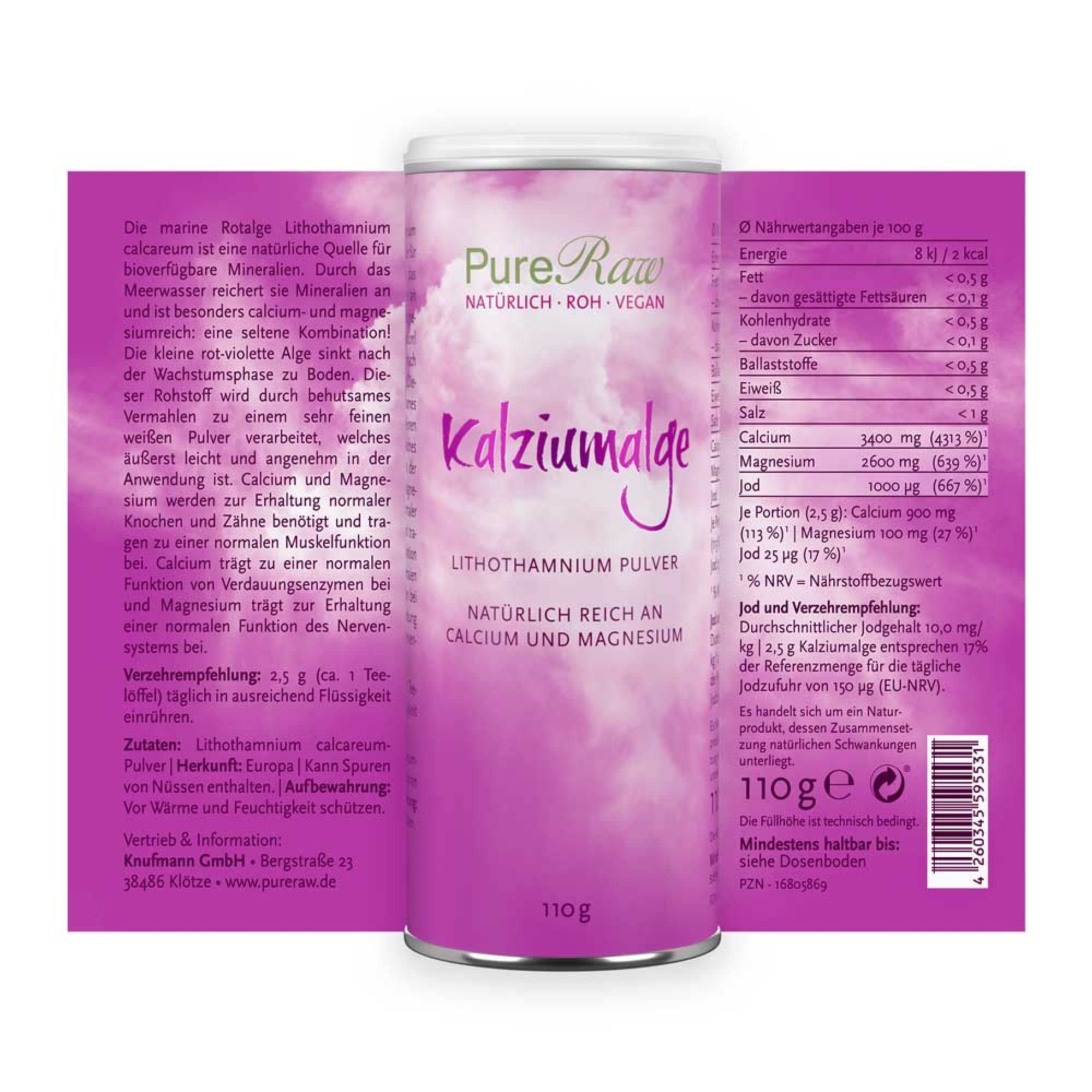 Kalziumalge Natürliches Calcium-Pulver - Kalziumalgenpulver Lithothamnium Calcareum Rotalgen - Bioverfügbare Mineralien Kalzium Magnesium | PureRaw 110g