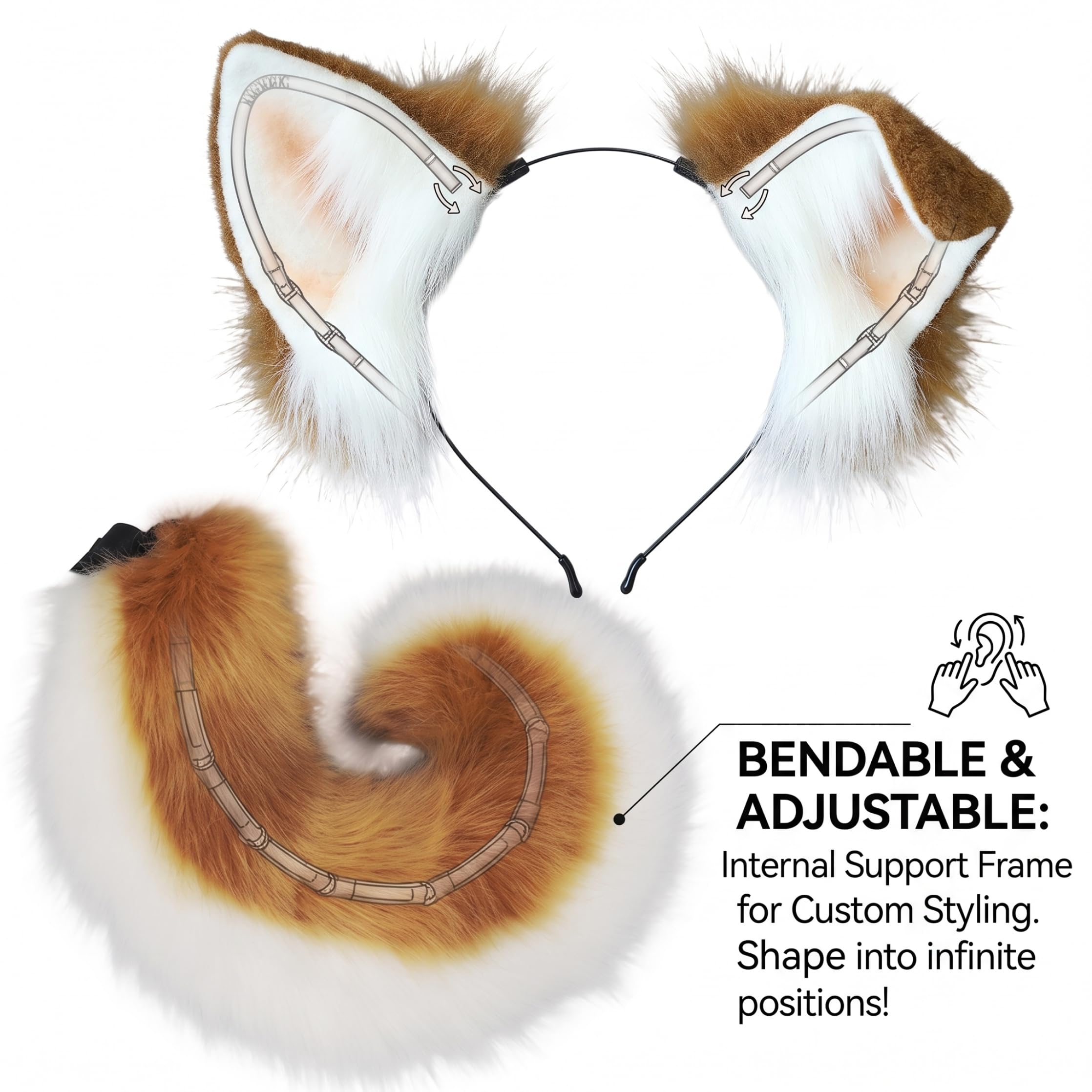 Set costumi per cani in 2 pezzi con orecchie e coda per cani, cammello scuro e bianco, 21, 6 forme di orecchie pieghevoli per coda, cinturino in vita regolabile morbido peluche per cosplay, fest