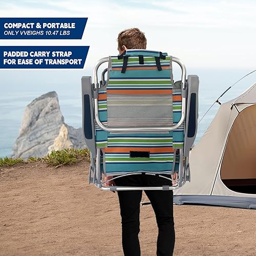 Miniatura 6 de Silla de playa de aluminio con mesa de camping plegable de 5 posiciones, silla de descanso plana para exteriores para adultos con bolsa térmica