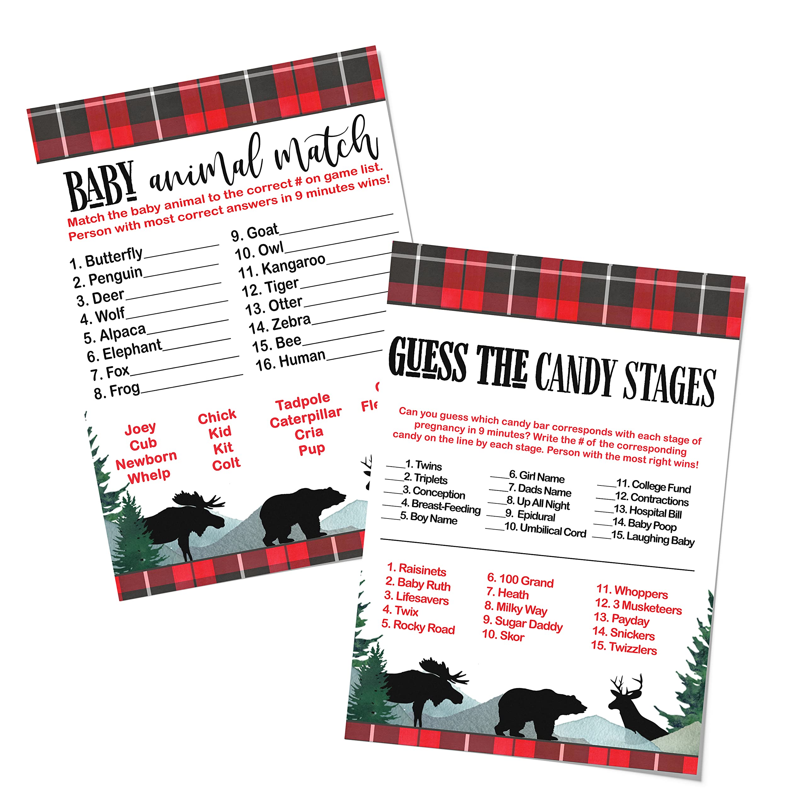 Amazon.com: Lumberjack Baby Shower Game Card Bundle Pack for 25 Guests Set  Includes Animal Matching Game, Candies Guessing Activity Rustic Bear Moose  and Deer Red and Black (5x7 Size) Paper Clever Party: