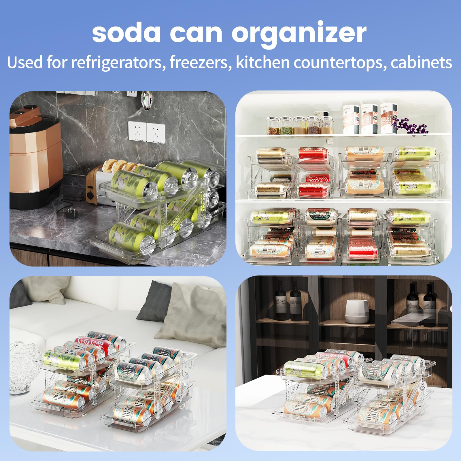 Organizador de bebidas para refrigerador, soporte de soda para refrigerador, dispensador de latas, ancho ajustable, adecuado para armario de almacenamiento y despensa, transparente (paquete 5