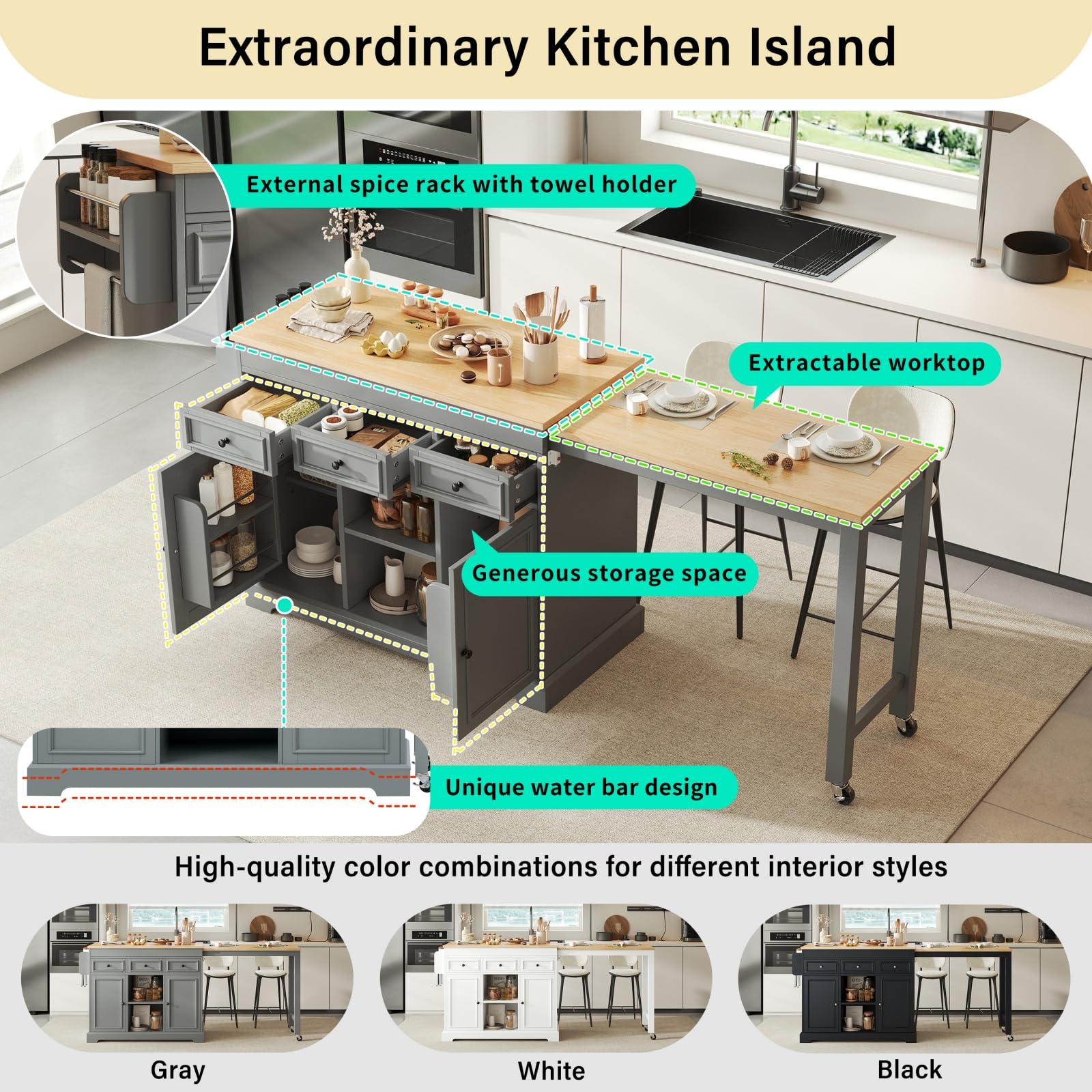 YEHTOKHOME - Tavolo da cucina espandibile a isola, 112-188 cm, tavolo da pranzo grigio con 3 ripiani e carrello per 4-6 persone, perfetto per sala da pranzo e intrattenimento