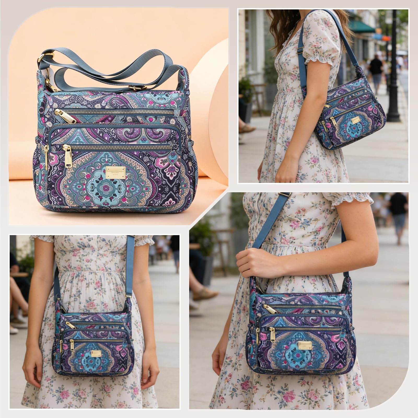 CORIOS Borse Messenger da Donna in Nylon Stampa Bohemien Borsa a Tracolla Borsa a Mano con Fibbia Regolabile Stile Boho Borsa a Spalla Retro Tote per Vacanza Spiaggia Viaggio Coda di Fenice Nera