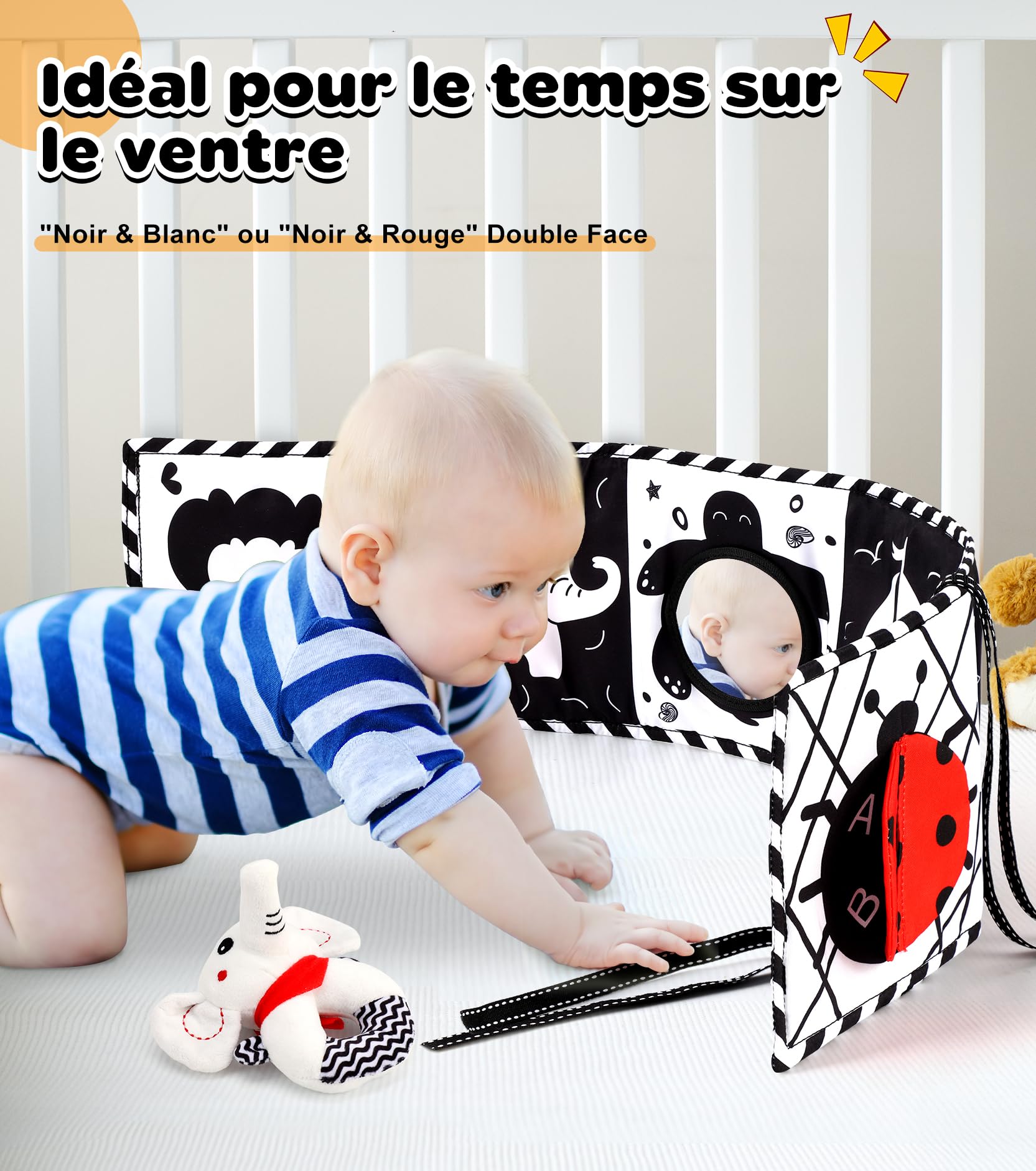 Livre Tissu Bébé, 31 PCS Livre Noir et Blanc Bébéé Réutilisable 0-12 Mois Jouet bébé Hochet Bebe, Carte Noir et Blanc, Plus De Couleurs Livre De Haute Contraste Jeux Montessori Cadeau pour Béb