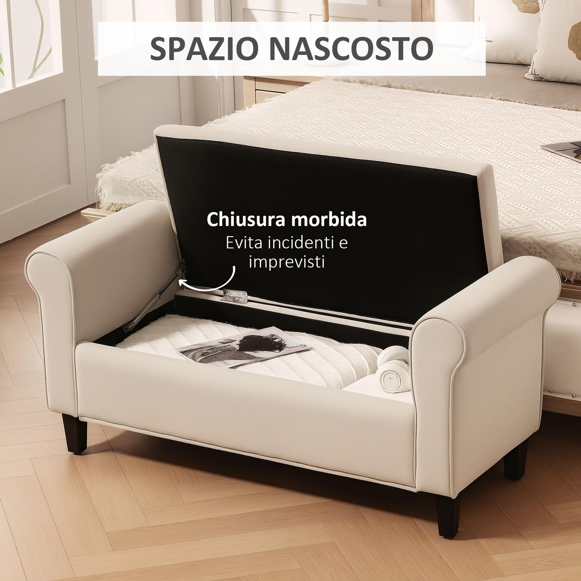 Banc De Lit Avec Rangement HOMCOM 126x48.5x57 Cm - Velours Béige, Accoudoirs Roulés, Compartiment Secret - 9