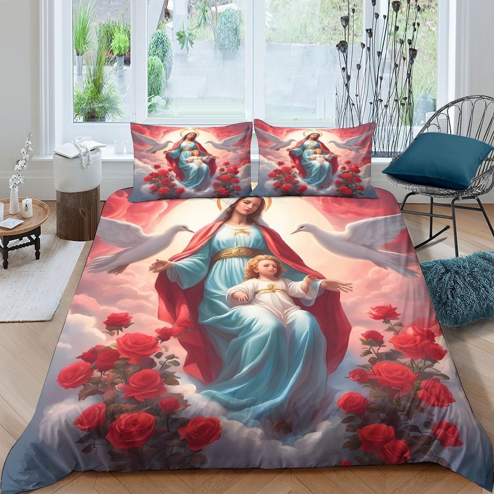 Ctjqhvkz Style-8 3D Printed Virgin Mary Angel Fitted Sheet Microfiber Red Floral Bed Cover For Bedroom Guest Room Decor Single（135X200cm）