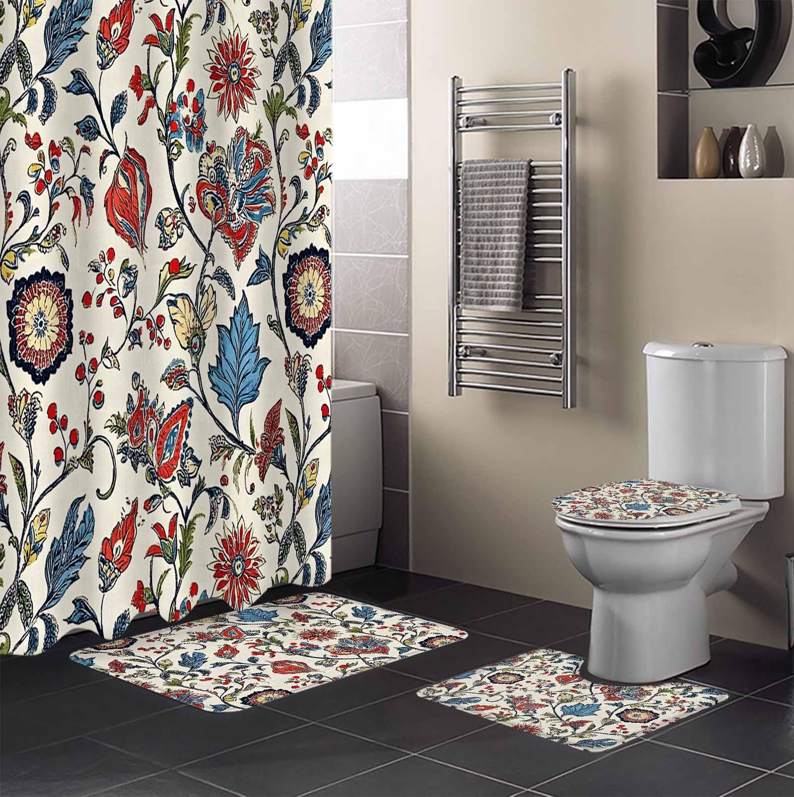 Boho Floral Bathroom Set with Shower Curtain and Rug Accessories - 36x72 Inches Long Blue Red Flower Vintage Petals Branch Leaf Stall Curtain Waterproof with Small Bath Mat,Washable Runner Rug Set