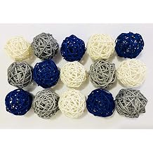 15-Pack Mixed Navy Blue Gray White Color Wicker Rattan Balls - Decorative Orbs Natural Spheres Craft DIY, Wedding Decoration, Christmas Tree, House Ornaments Vase Filler - 3 Colors Assorted, 2 inch