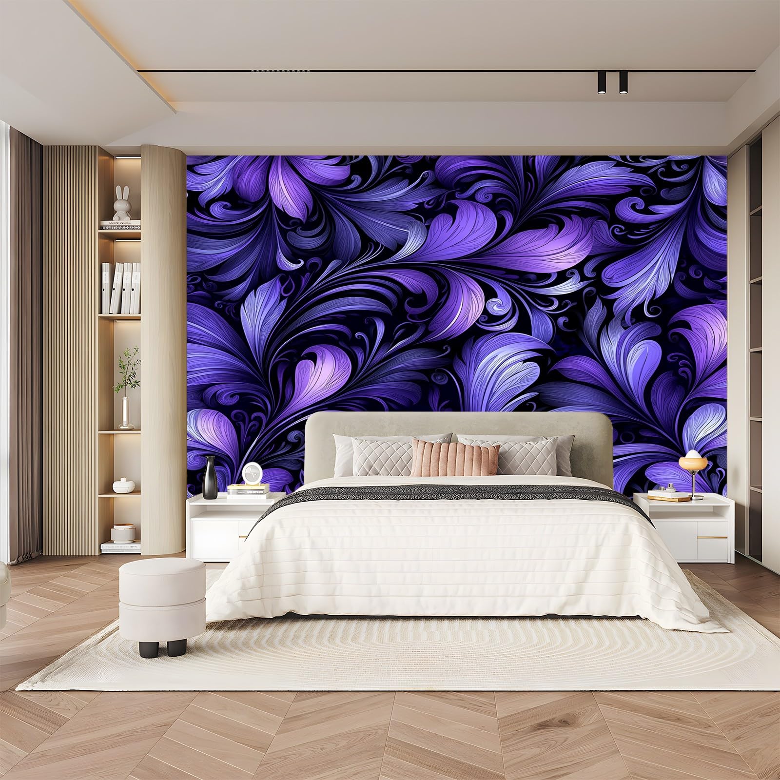 Tapeta abstrakcyjna Pióra Wzór Fioletowy Czarny 300 x 210 cm (szer. x wys.), Fototapety 3D Tapety Tapety Włóknina Dekoracja ścienna Nowoczesne Fototapety