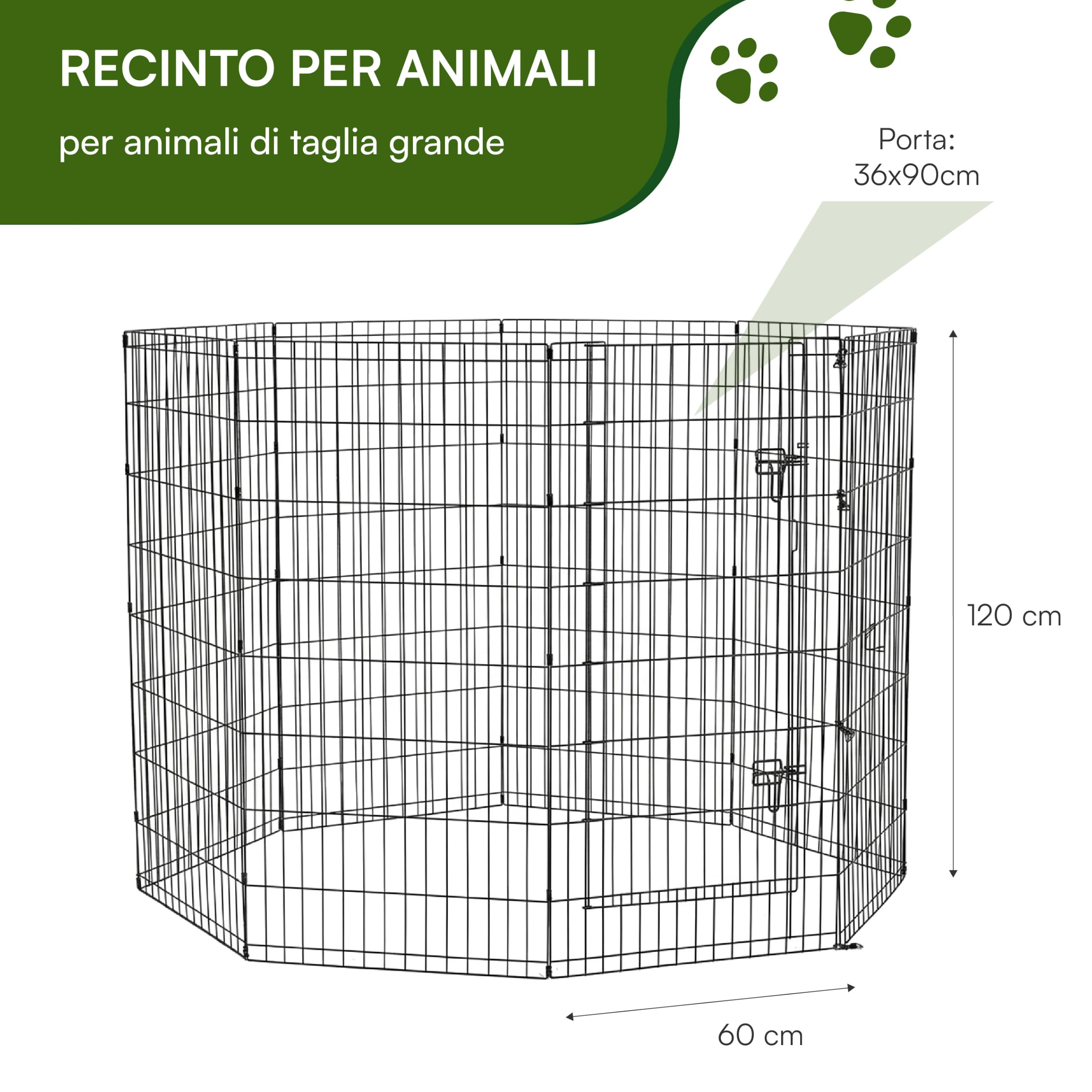 Baroni Home Recinto per Cani a 8 Pannelli in Metallo, Box Modulare per Animali con Porta Integrata, Recinzione per Interno ed Esterno, Montaggio Senza Attrezzi, 120x60 cm