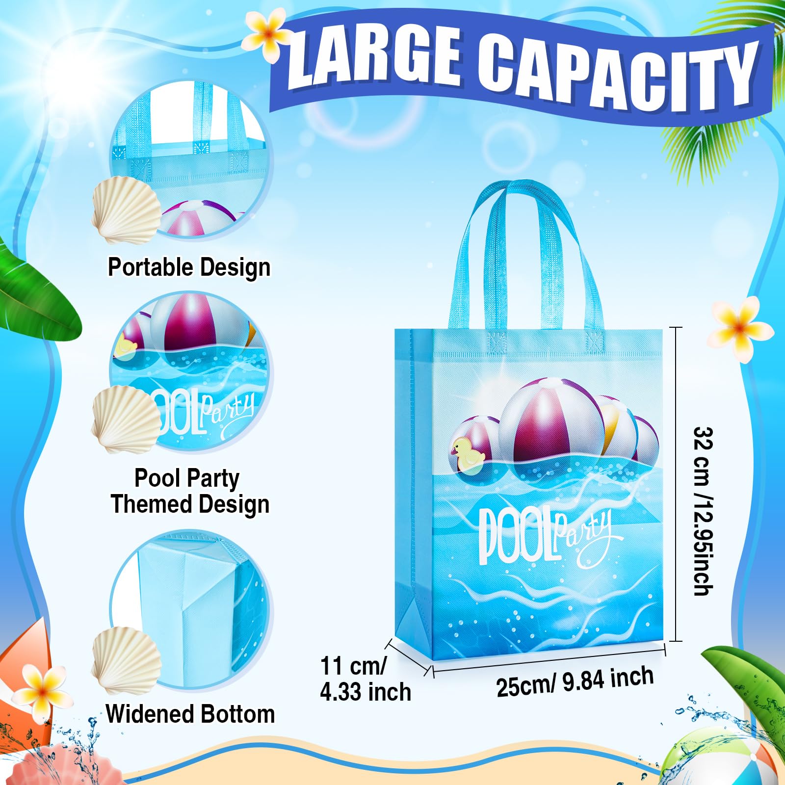 Sweetude 60 Pcs Pool Party Favors Bags Summer Gift Beach Goodie Reusable Summer Beach Pool Theme Non Woven Treat Bags with Handles for Hawaii Party, 12.6 x 9.84 Inch