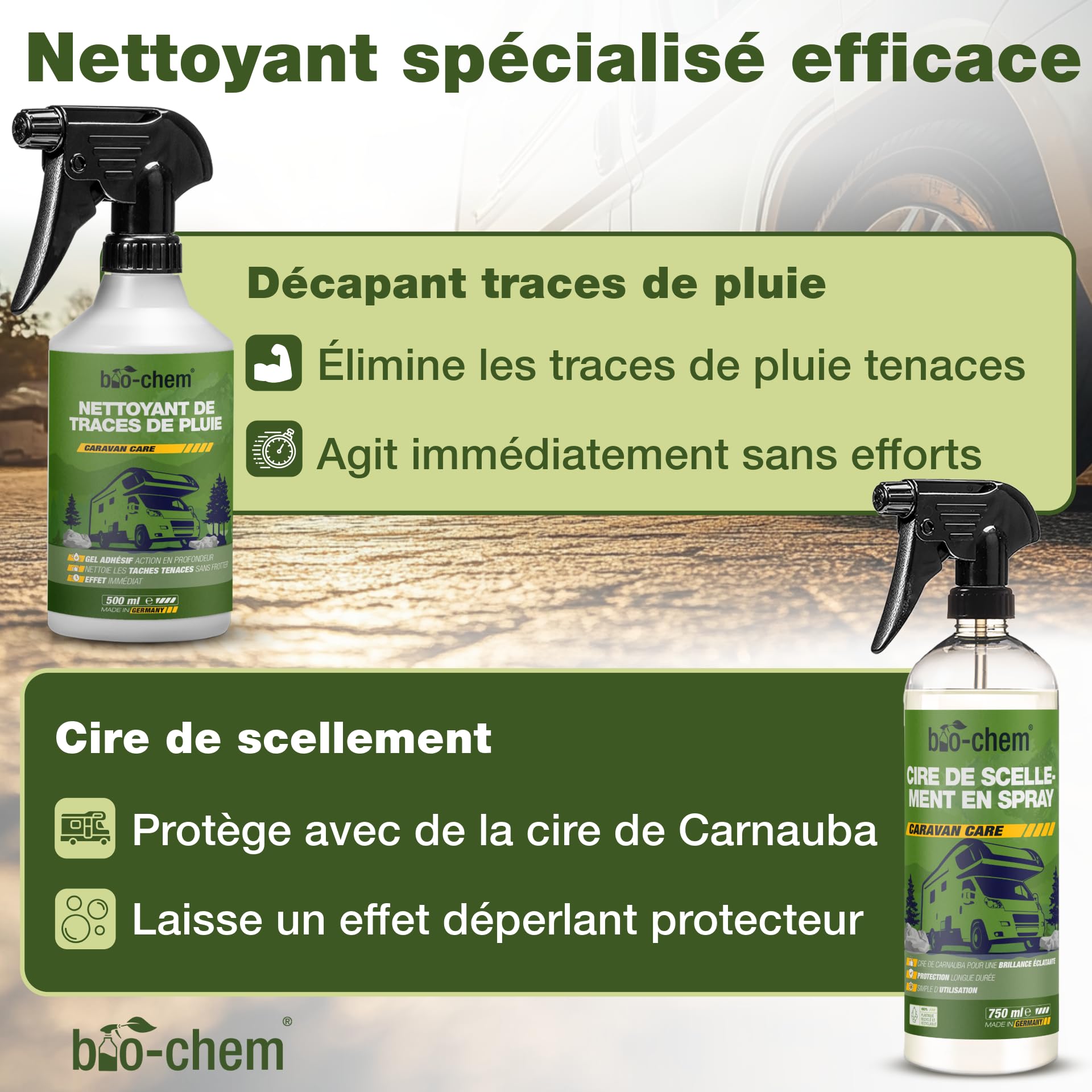 Bio-Chem - Profi Set nettoyage et cirage caravanes - Shampooing lavage et soin, cire de scellement carrosserie, décapant traces de pluie - Accessoires inclus