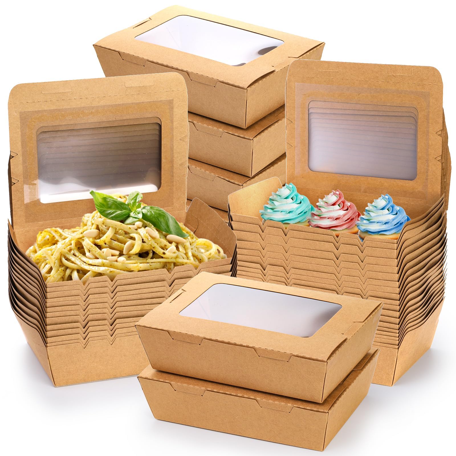 KASTWAVE 50-Pack Kraft Brown Take-Out Food Containers with Window – 40 oz Disposable Paper Catering Boxes, Leak & Grease Resistant, Microwaveable, Ideal for Pastries & Meals
