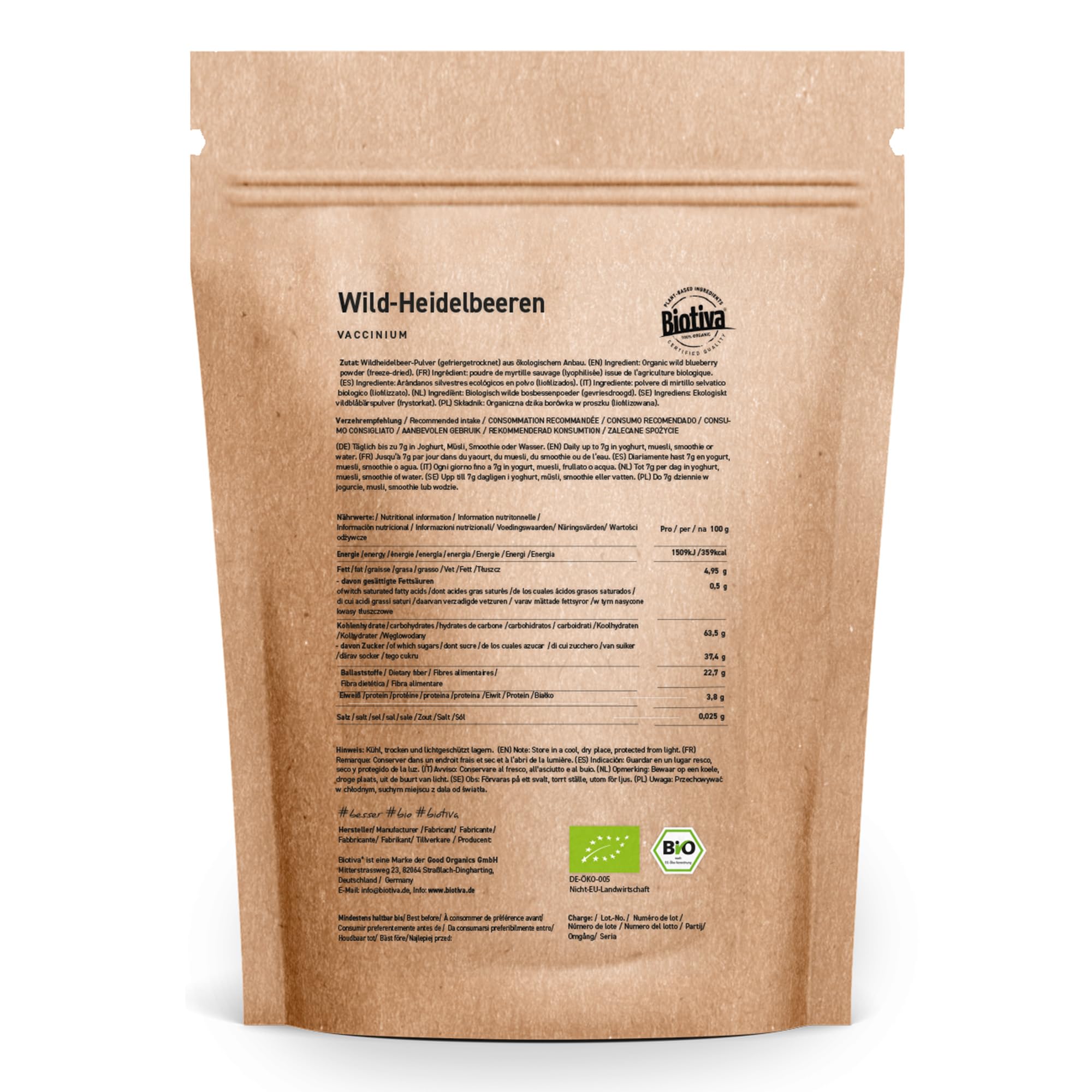 Poudre de myrtilles sauvages bio 150g - Vaccinium myrtillus - Poudre de myrtilles lyophilisées - Sans agent de séparation - Sans matière de remplissage - Biotiva