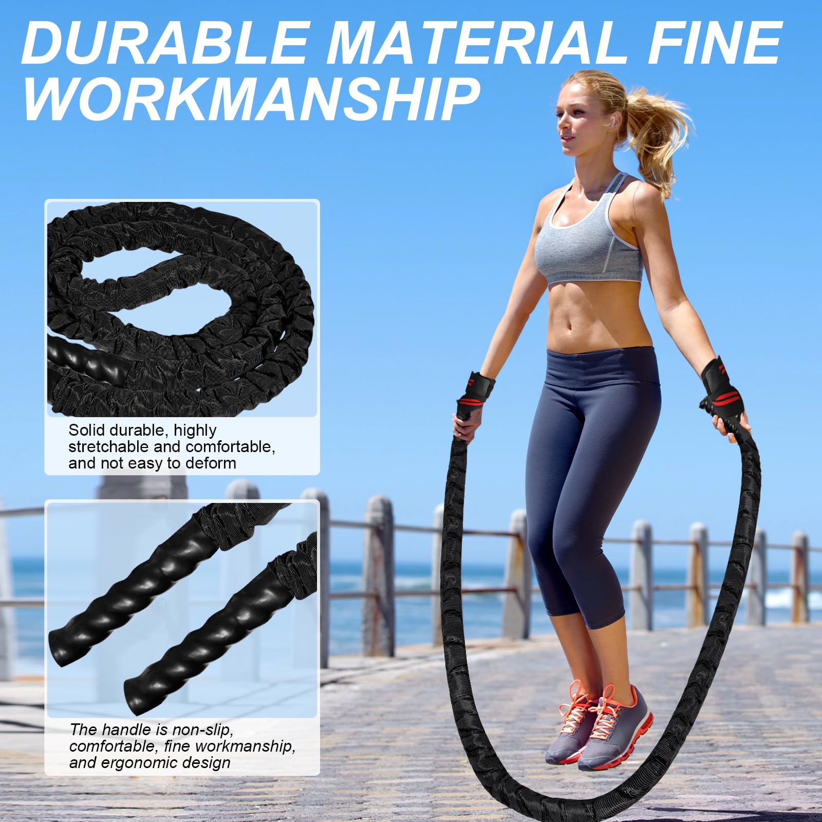Springseil, gewichtetes Springseil für Fitness, schwere Springseile für Männer und Frauen, Training, Muskelkraft, Zuhause, Fitnessstudio, Workout-Ausrüstung, 38 mm x 3 m, Schwarz