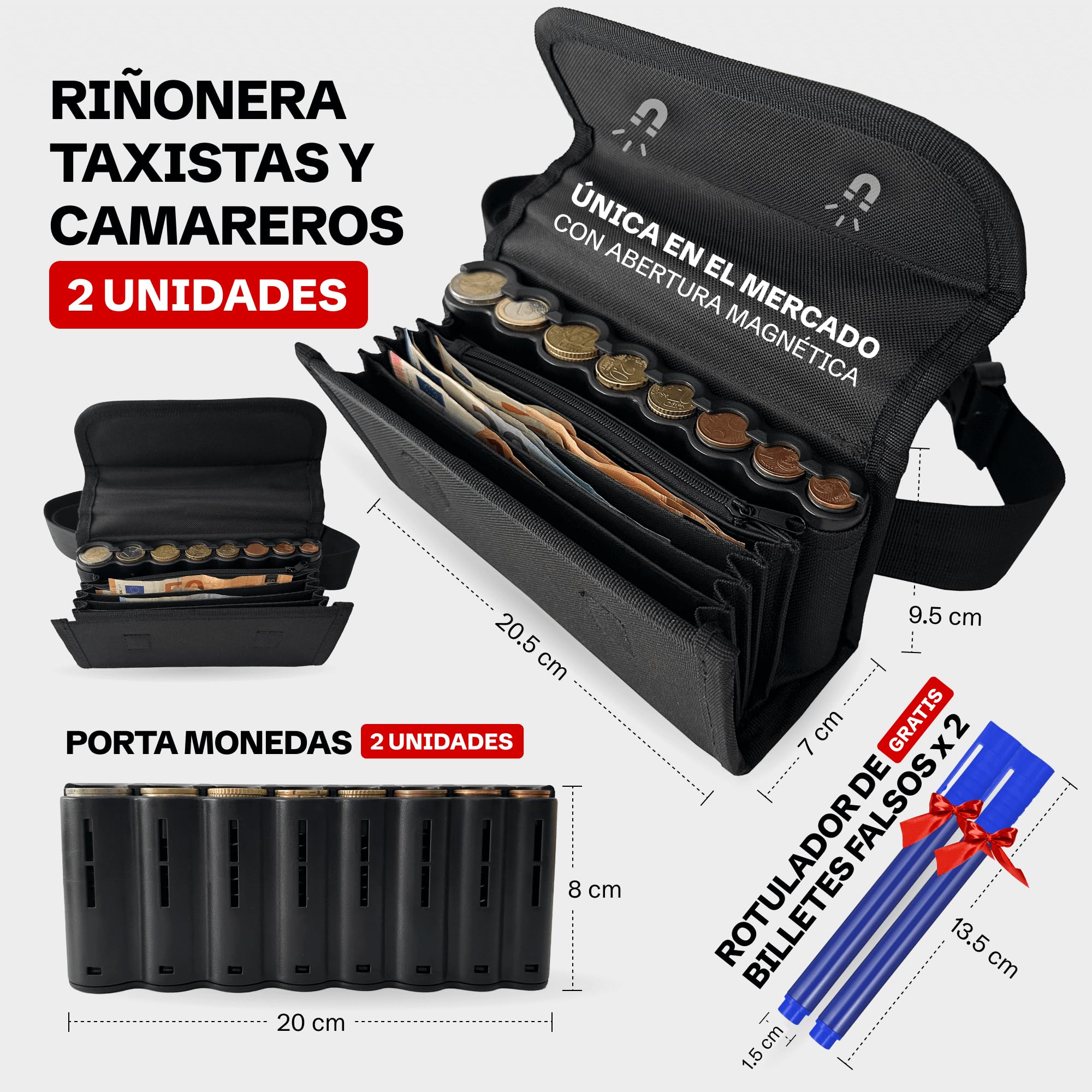 Portamonete Taxi con Chiusura Magnetica 2 Unità - Sorter di Monete Marsupio Cameriere con Pennarello Banconote False Portafoglio Tassisti Organizzatore di Denaro Porta Monete Comandero