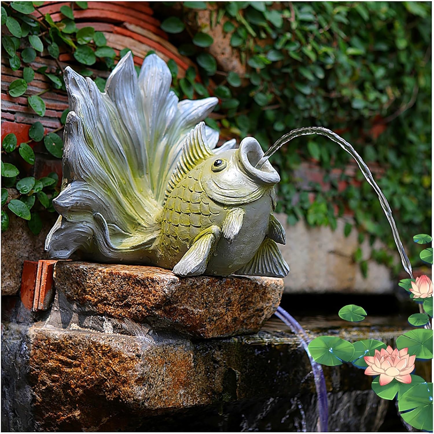 Goldfish Shape Pond spitters for Small Ponds, Fish Tank Automatic Circulation Water Landscaping Ornaments, Pool Fountains for Above Ground Pools, Garden Decor for Koi Pond(Green,24 * 24 * 30cm)