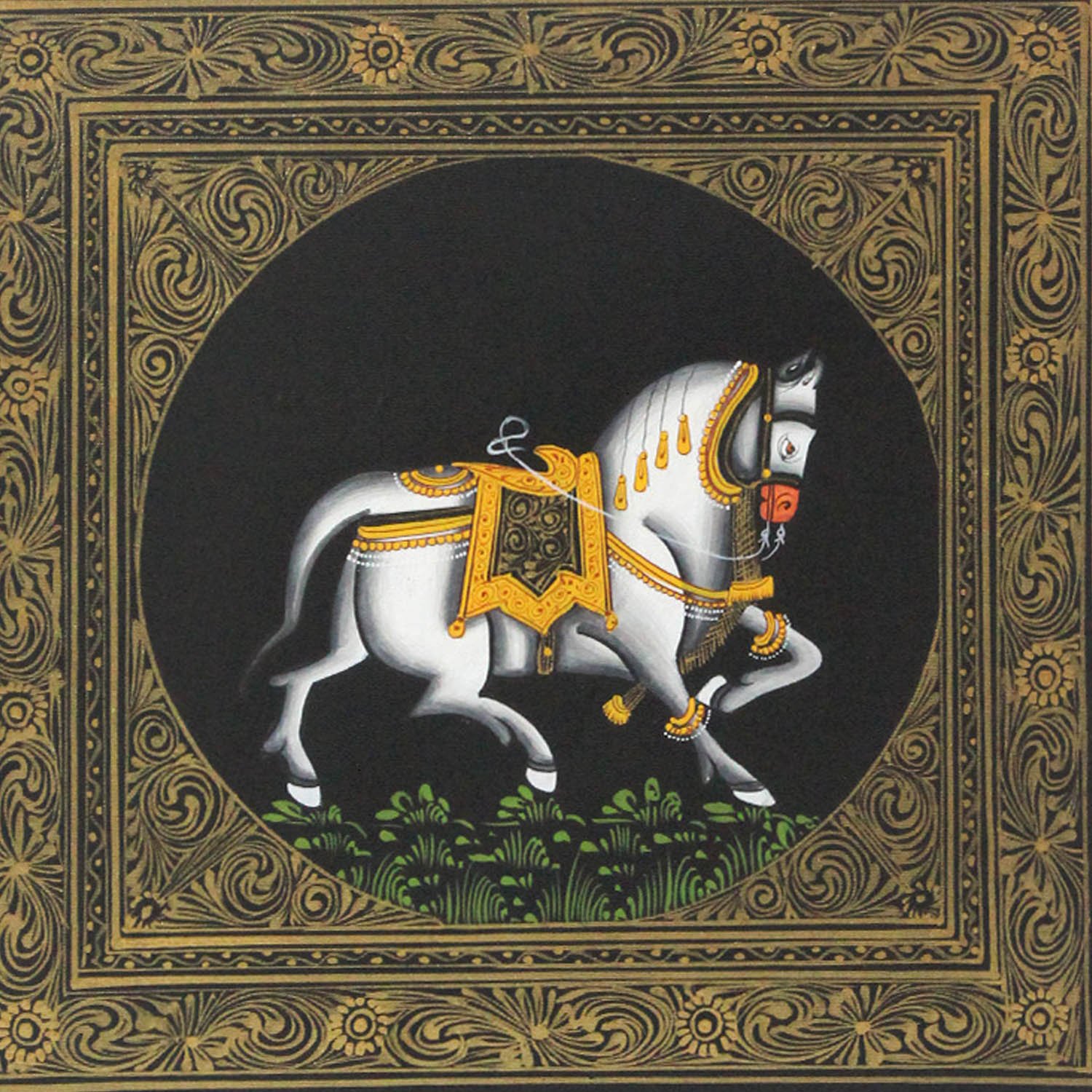 India Meets IndiaHandicraft Authentic Wall Hanging Mughal Art Miniature Painting on Silk of Decorative White Horse, Best Gifting, Made By Awarded Indian Artisan