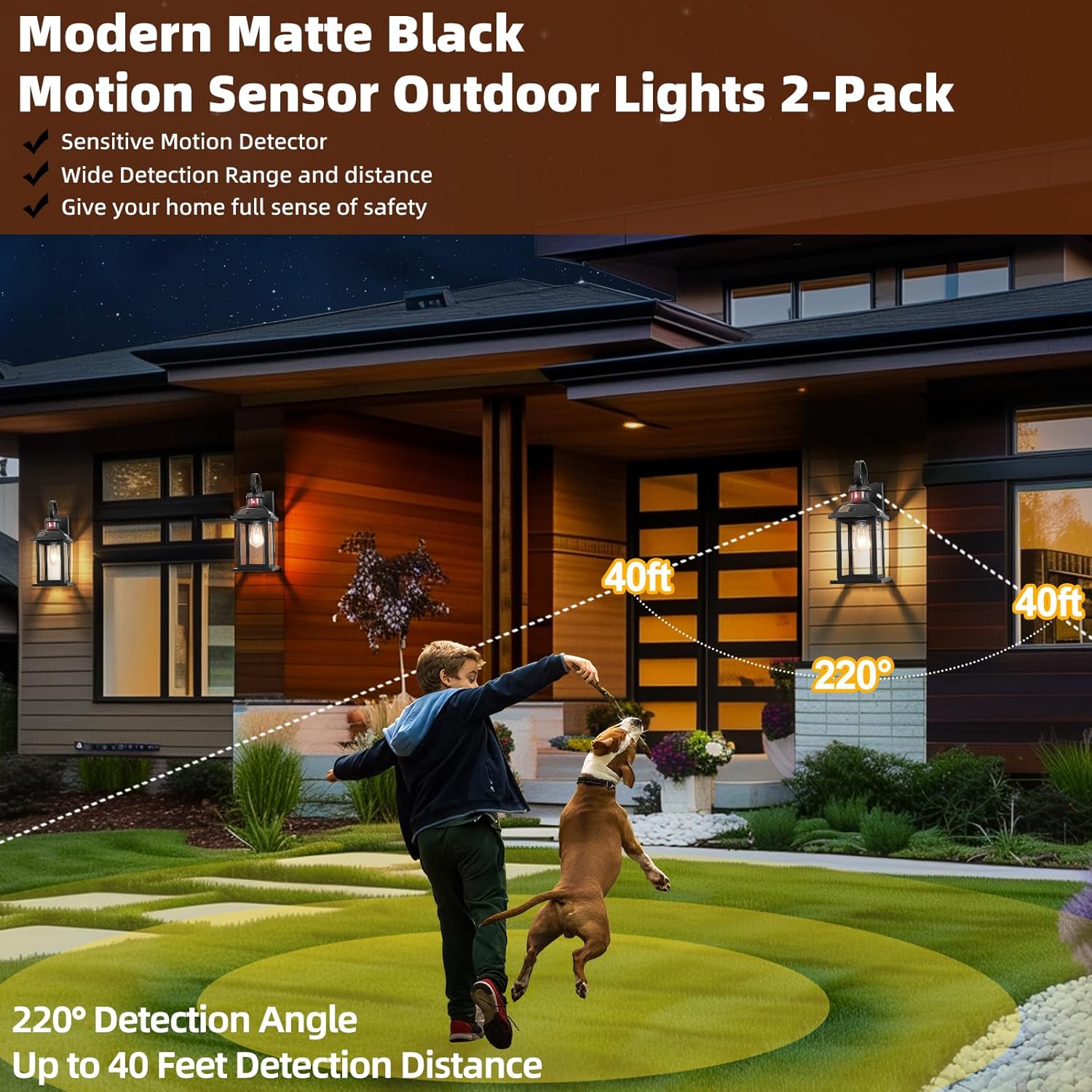 Matte Black Motion Sensor Outdoor Lighting Dusk to Dawn 2-Pack, Anti-Rust Aluminum Outdoor Light Wall Mounted House Exterior Light Fixture IP65 Waterproof Outside Wall Lantern Garage 16”