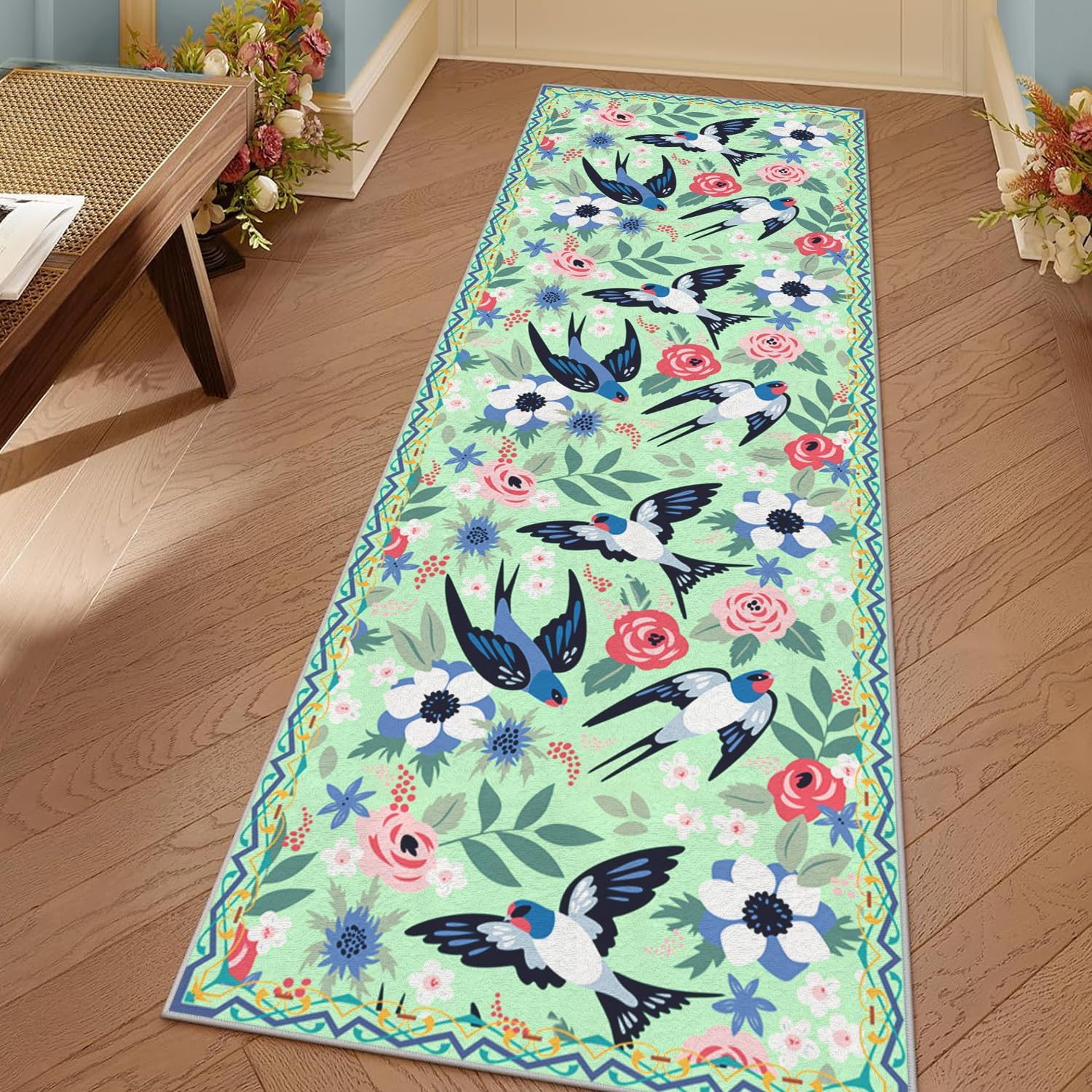 Botanical Floral Runner Rug 2x3ft,Peony Birds Green Carpet for Hallways Non Slip,Soft Low Pile Boho Flower Bird Entryway Runner,Thin Washable Rugs,Stain-Resistan Kitchen Mats for Floor Bedrooms