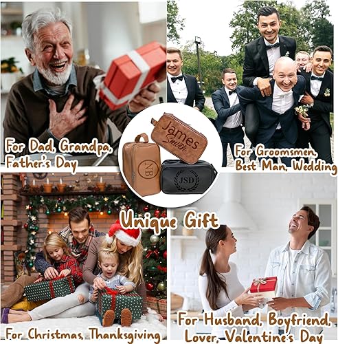 Miniatura 6 de Xpanrous Neceser personalizado para hombres, padrinos de boda personalizados de piel sintética, kit de afeitado, regalos hechos a mano para el día