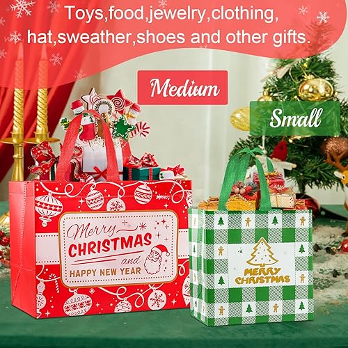 Miniatura 5 de ANYGIFT 16 bolsas de regalo de Navidad reutilizables, varios tamaños, no tejidas, impermeables, extra grandes, medianas y pequeñas, paquete a granel