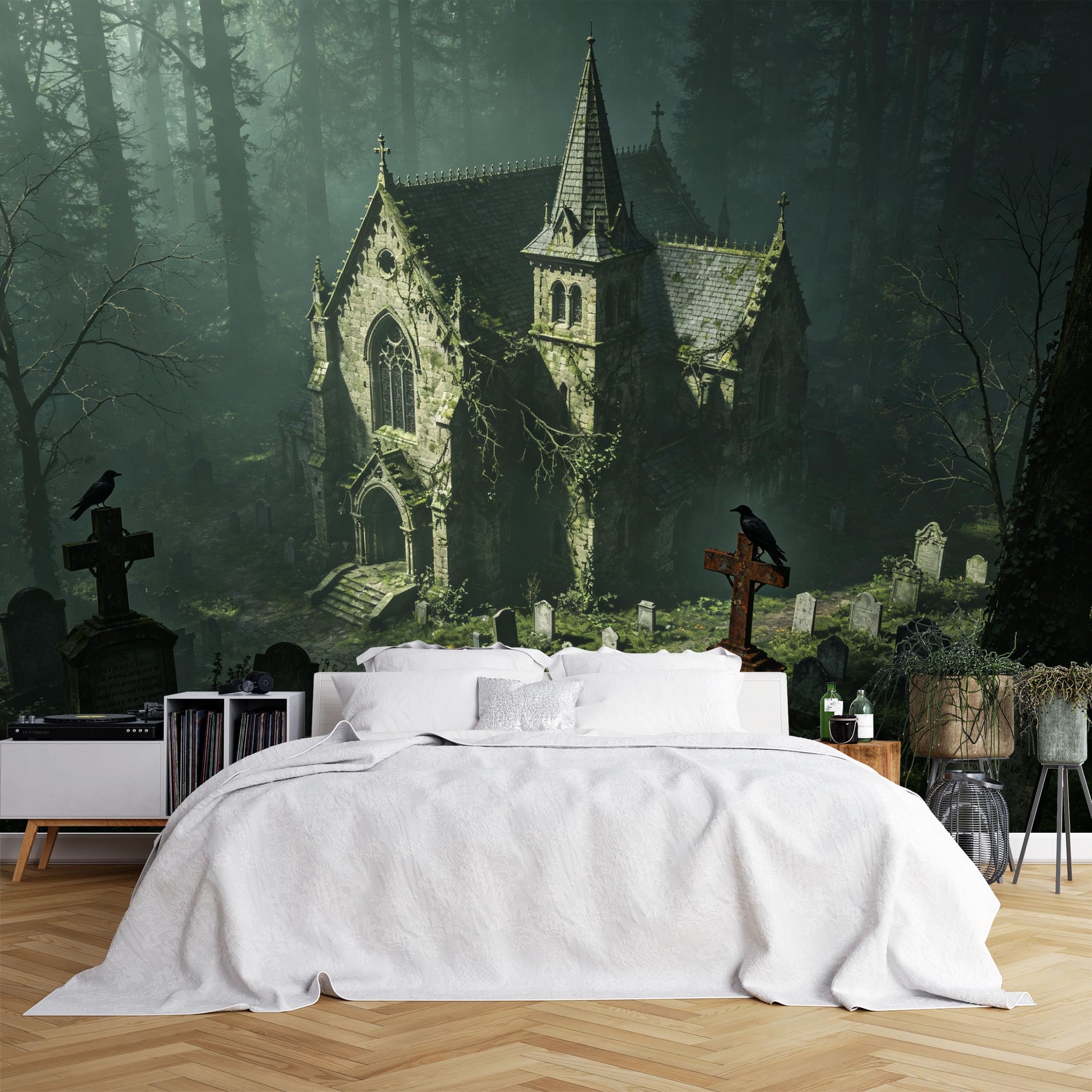 Lcythiazole Ch260615179 Custom Size Wall Murals Abandoned Mossy Church Graveyard Crow Spooky Forest Hd Self-Adhesive Wall Fabric (No Pvc) Removable Wallpaper For Halloween Room Basement