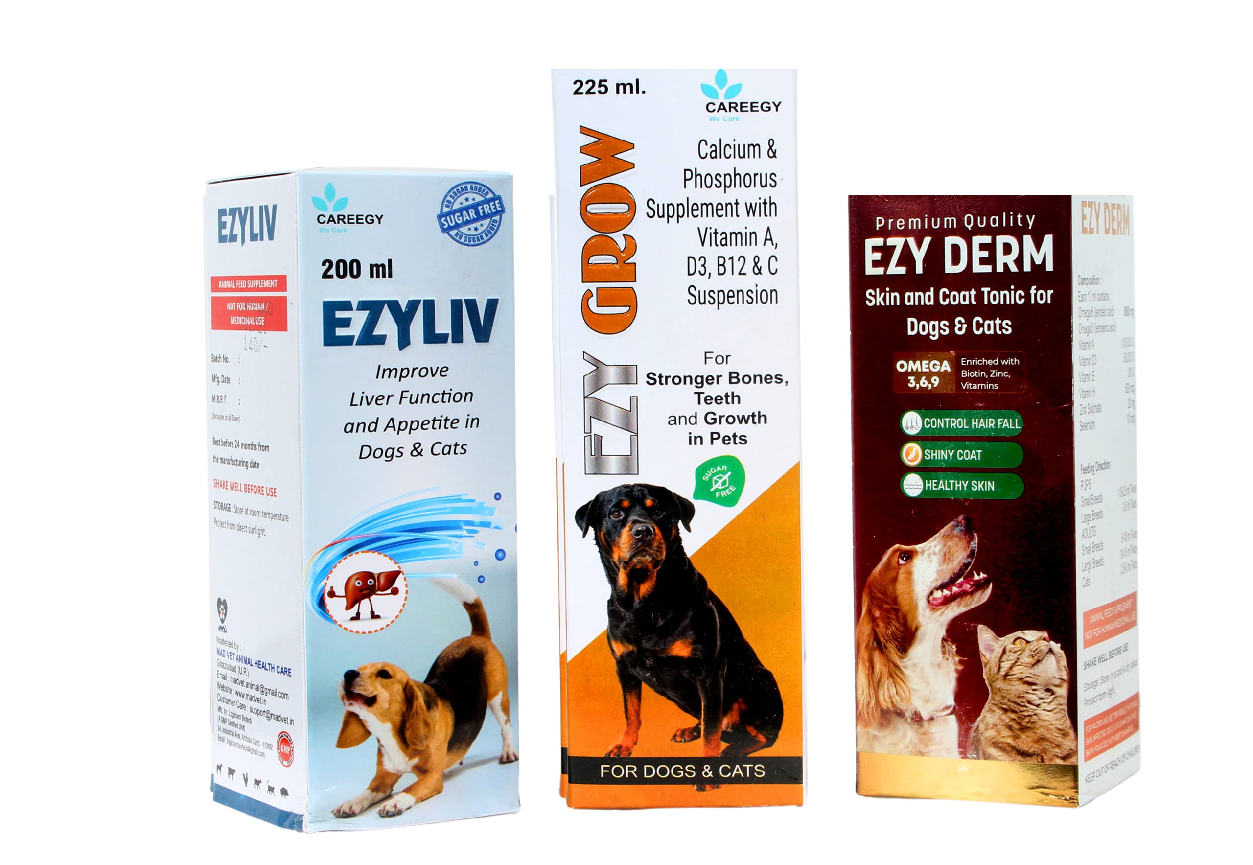 Madvet Complete Health Combo Omega 3+6+9 Advanced Skin Coat & Hair Fall Control Formula 200ml | Growth & Healthy Teeth & Bones Syrup 225ml | Liver Gut & Appetite Syrup 200ml for Dogs Cats | SugarFree