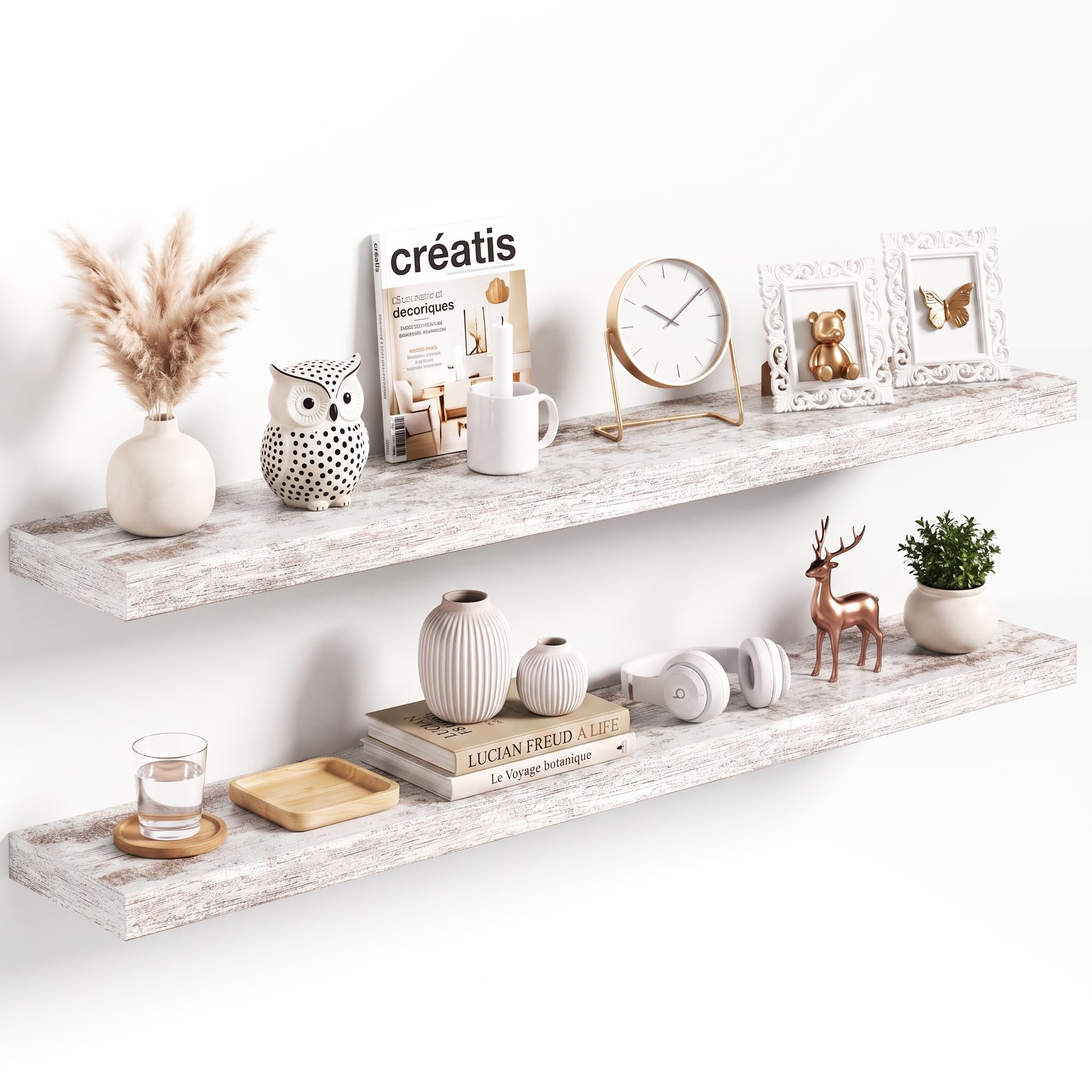 120x20cm Floating Shelves 2 Pack, Wall Mount Display Shelf, White Washed