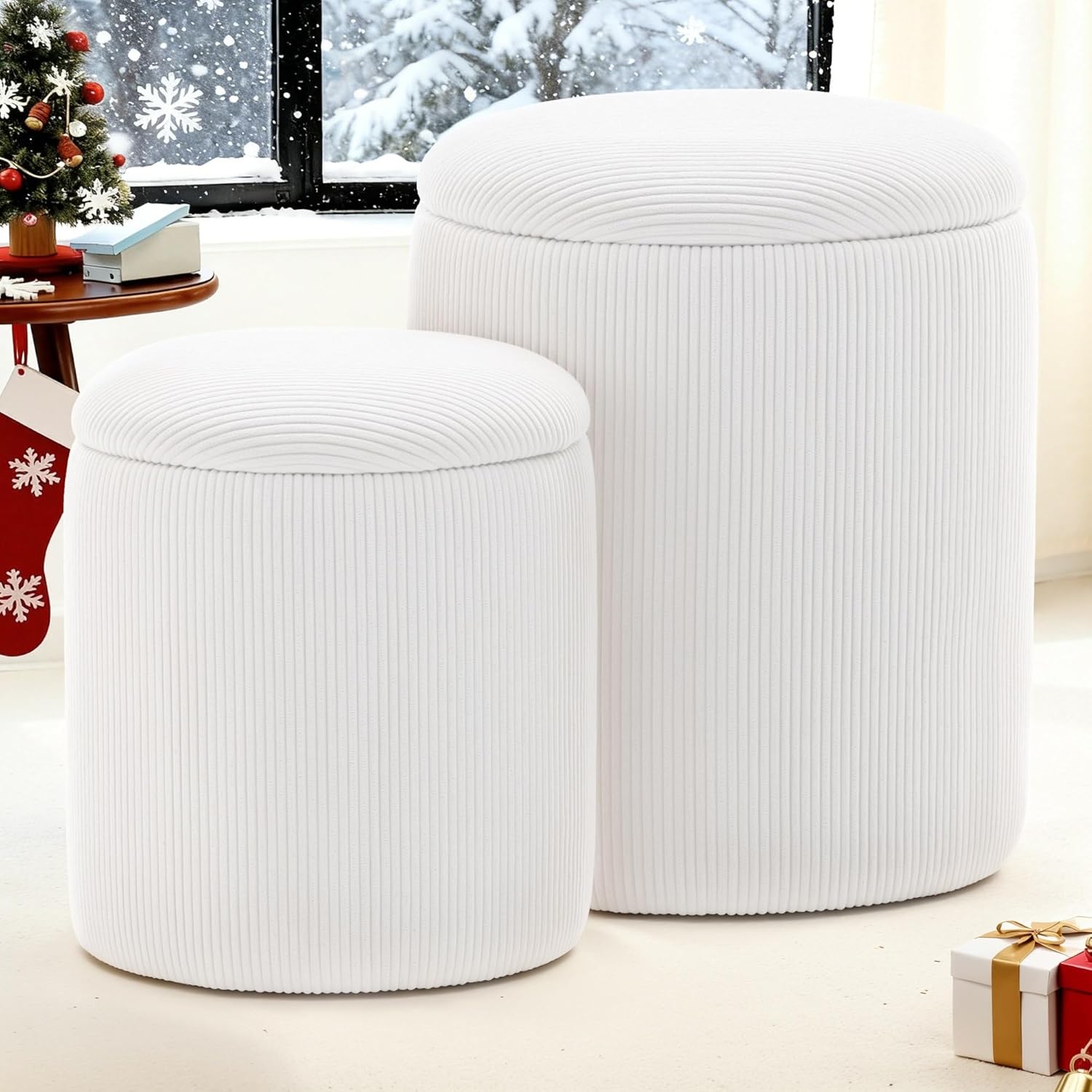 YSICK Round Ottoman with Storage, Set of 2, Small Vanity Stool as Vanity Chair, Corduroy Ottoman Foot Rest for Small Space, Living Room, Bedroom, Beige