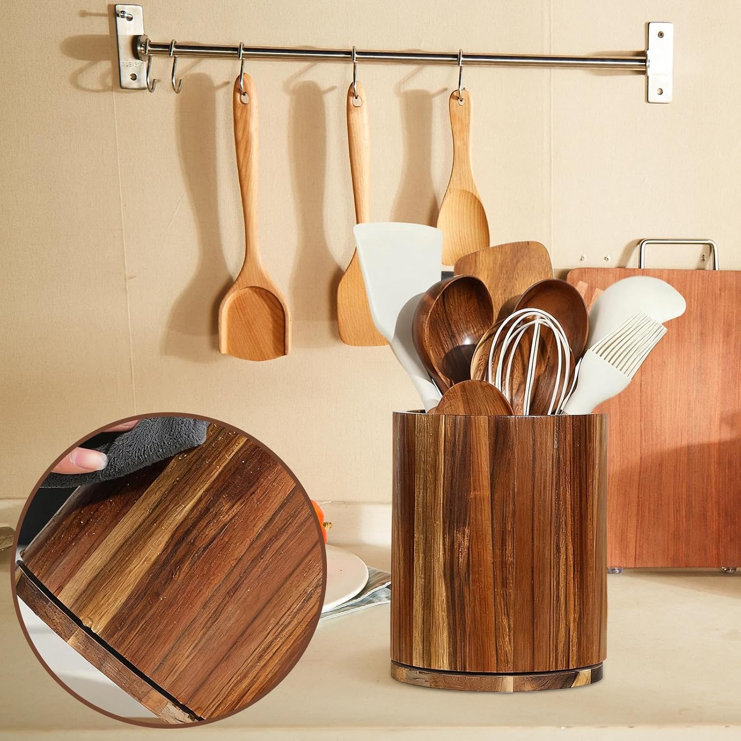 Utensil Crock,360 Rotating Base Wooden Waterproof | Utensil Holder for Kitchen Counter,for Silverware Spoon Fork Spatula Cooking Tools Home Apartment Farmhouse