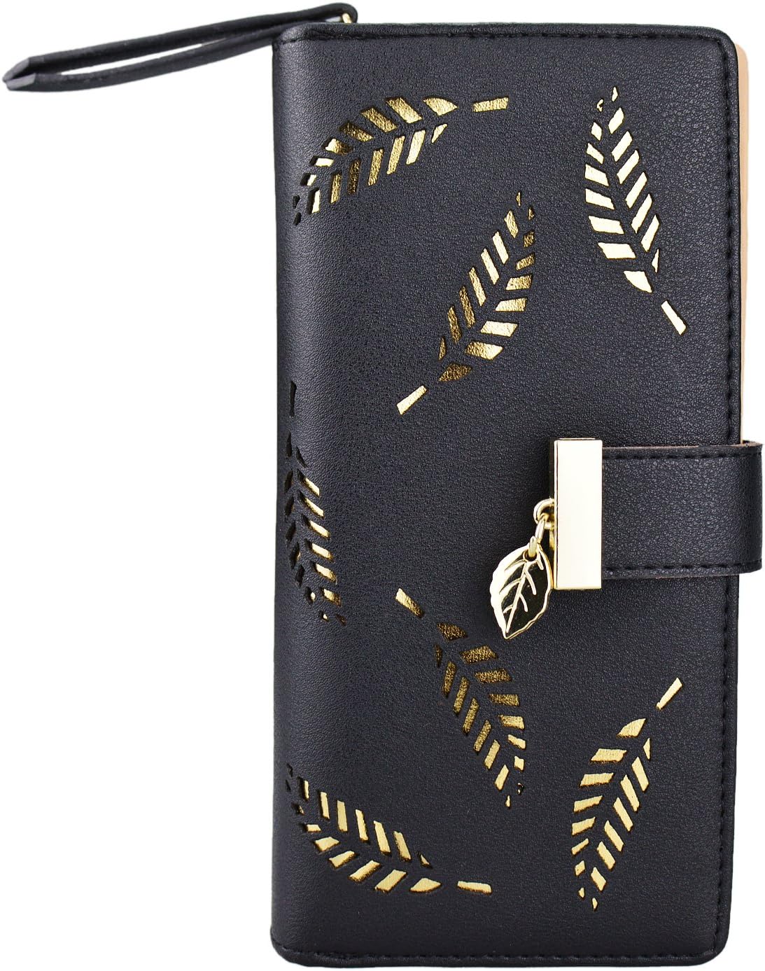 Women Long Leaf Slim Bifold Wallet, Zipper Buckle Purse, Card Holder Clutch Handbag