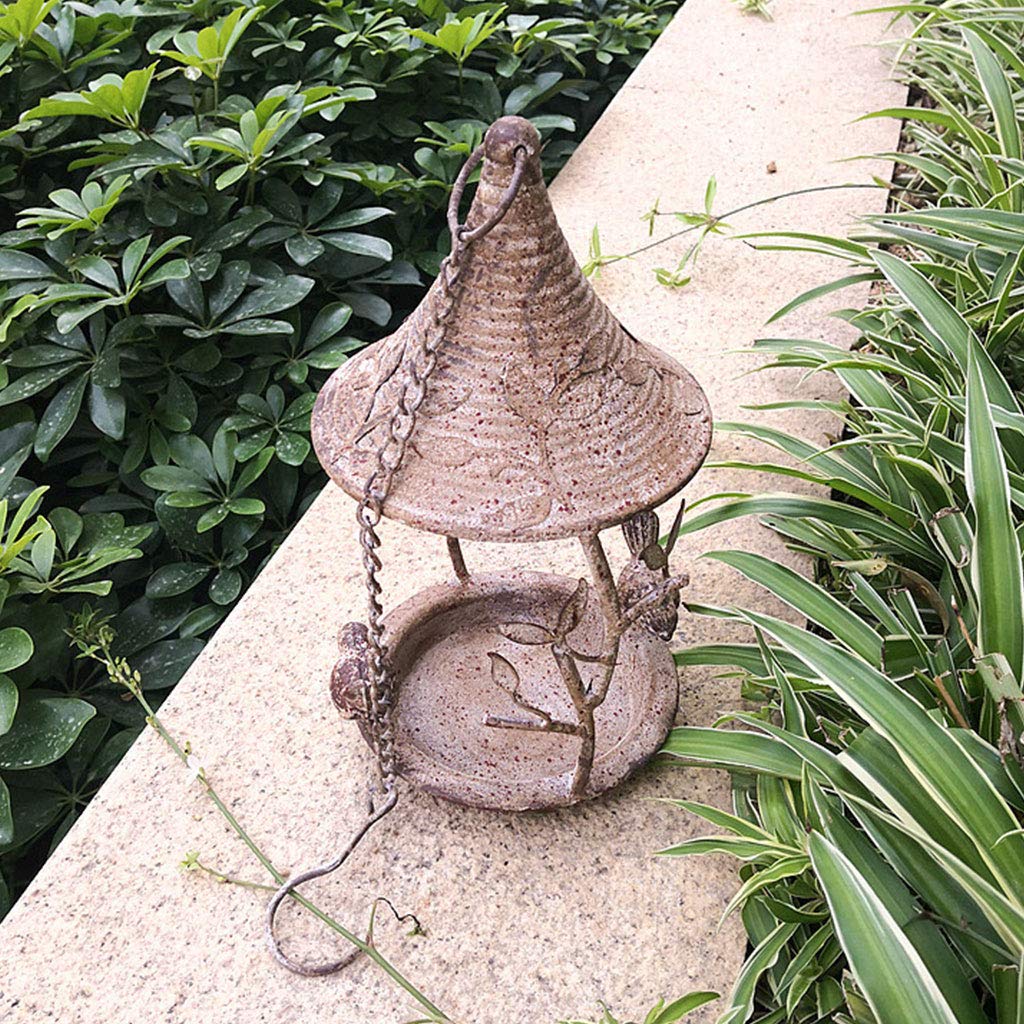 Baño de metal para pájaros con cadena colgante y dos pájaros decorativos para pájaros silvestres al aire libre, comedero para patios, comederos