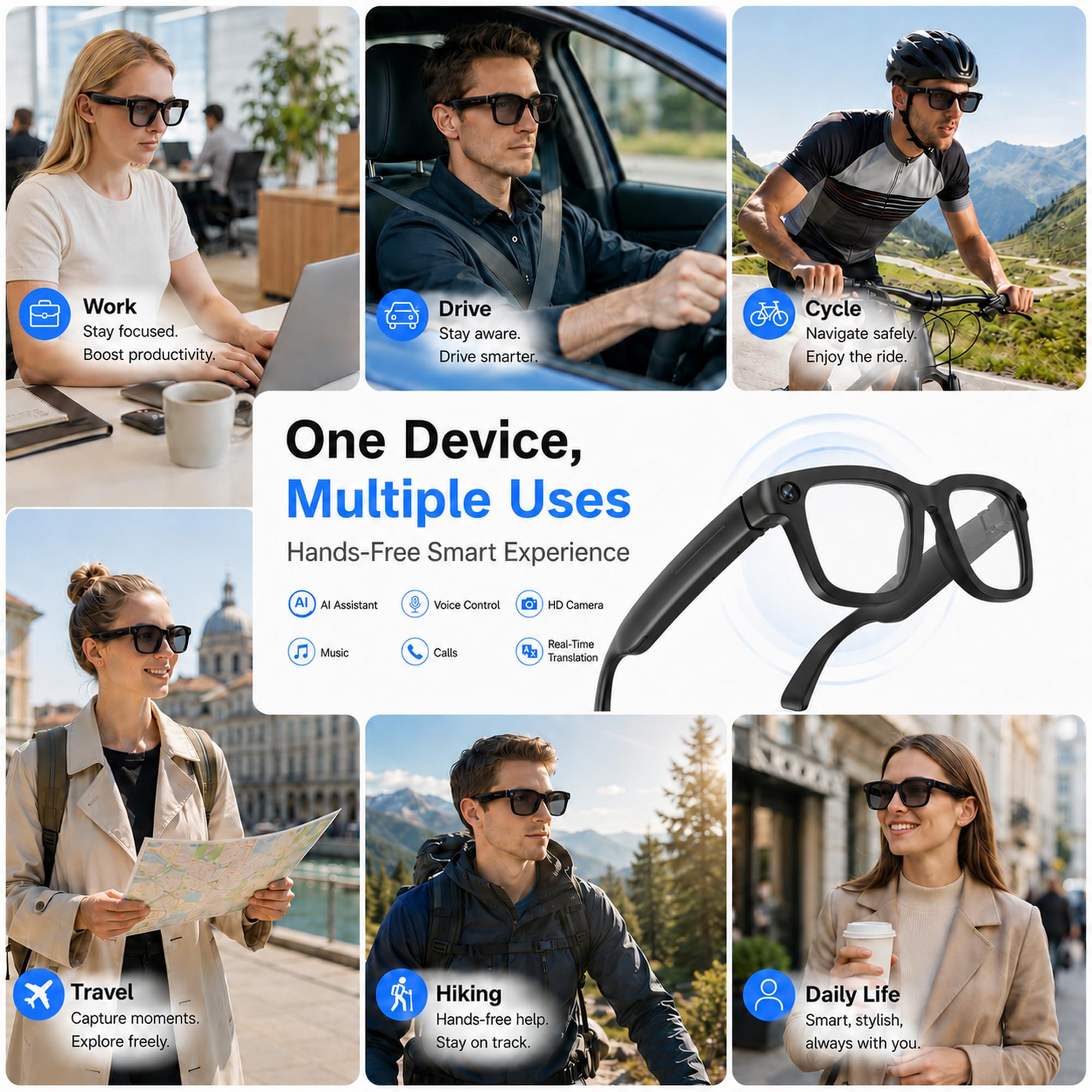 Occhiali Intelligenti con AI e Bluetooth, Occhiali con Telecamera 8 MP, WiFi, Telefono, Traduzione in Tempo Reale, Riconoscimento Degli Oggetti, Smart Glasses con Fotocamera e Video, Audio, Musica