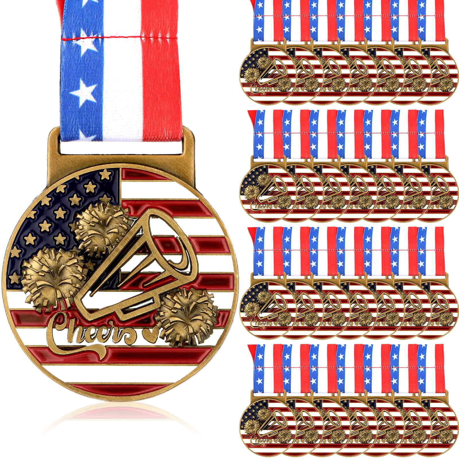 30 medallas patrióticas, medallas de oro, trofeo a granel con cintas para el cuello, medallón espiritual con estrellas y rayas, bandera estadounidense para regalo de ganador de trofeo