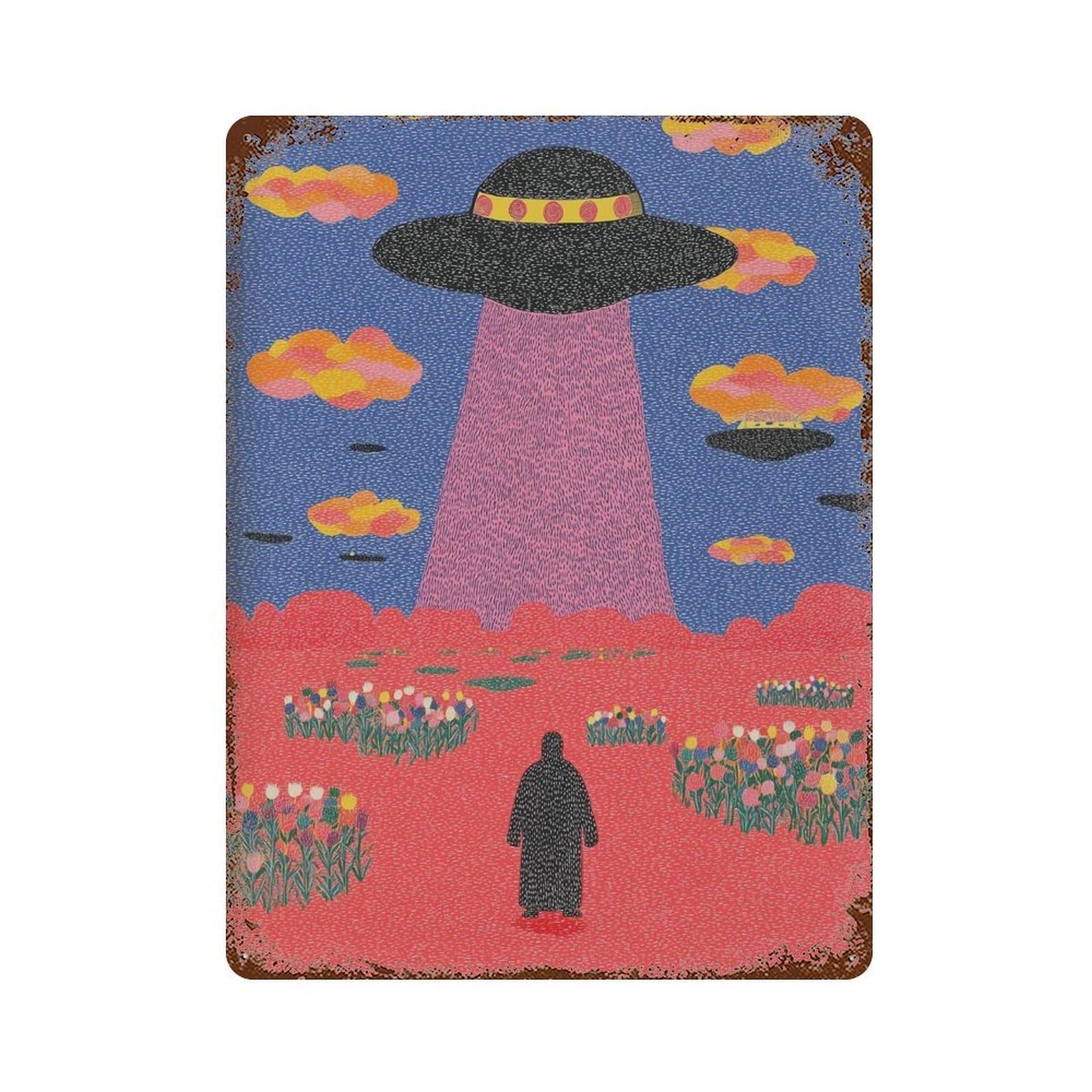 xiaoxiaoshen Retro UFO Abduction Psychedelic Alien Spaceship Surreal Outer Space Work Colorfu Wall Decor Art Metal Tin Poster Modern Home Decor Art Home Bar Shop Decorations Vintage Sign 40x30cm