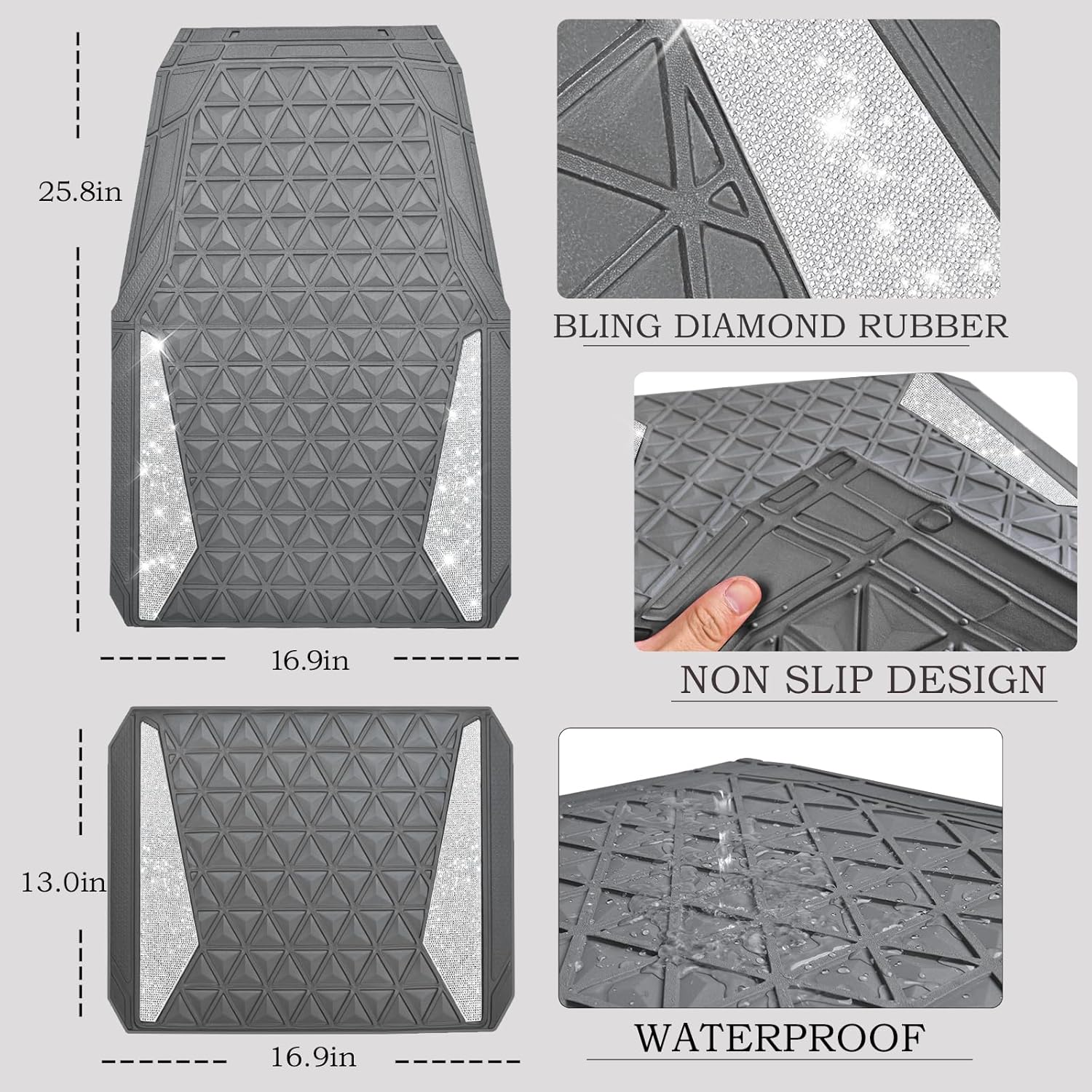 CAR PASS Bling Diamond Car Mats Gray Rubber Floor Mats Full Set Anti-Slip 3D Rhombus Waterproof Trim to Fit Liner Universal Glitter Crystal Sparkly Shining Rhinestone Girl Women SUV Sedan Van All Gray - Image 4