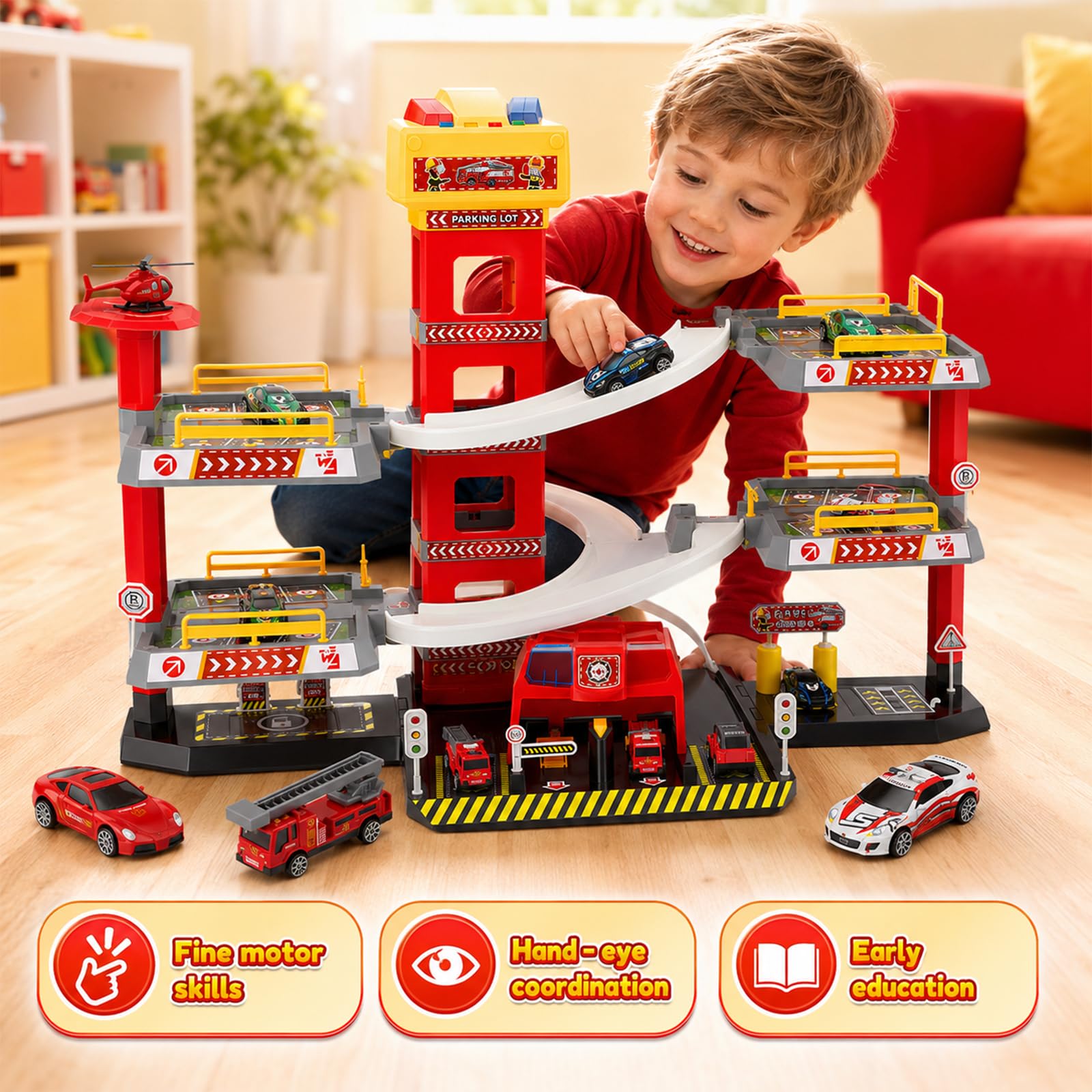 Garage parcheggio a 5 piani per bambini, camion dei pompieri con ascensore, stazione di servizio e piazza di atterraggio degli elicotteri, 10 auto in metallo, 4 auto in lega e 1 elicottero, garage