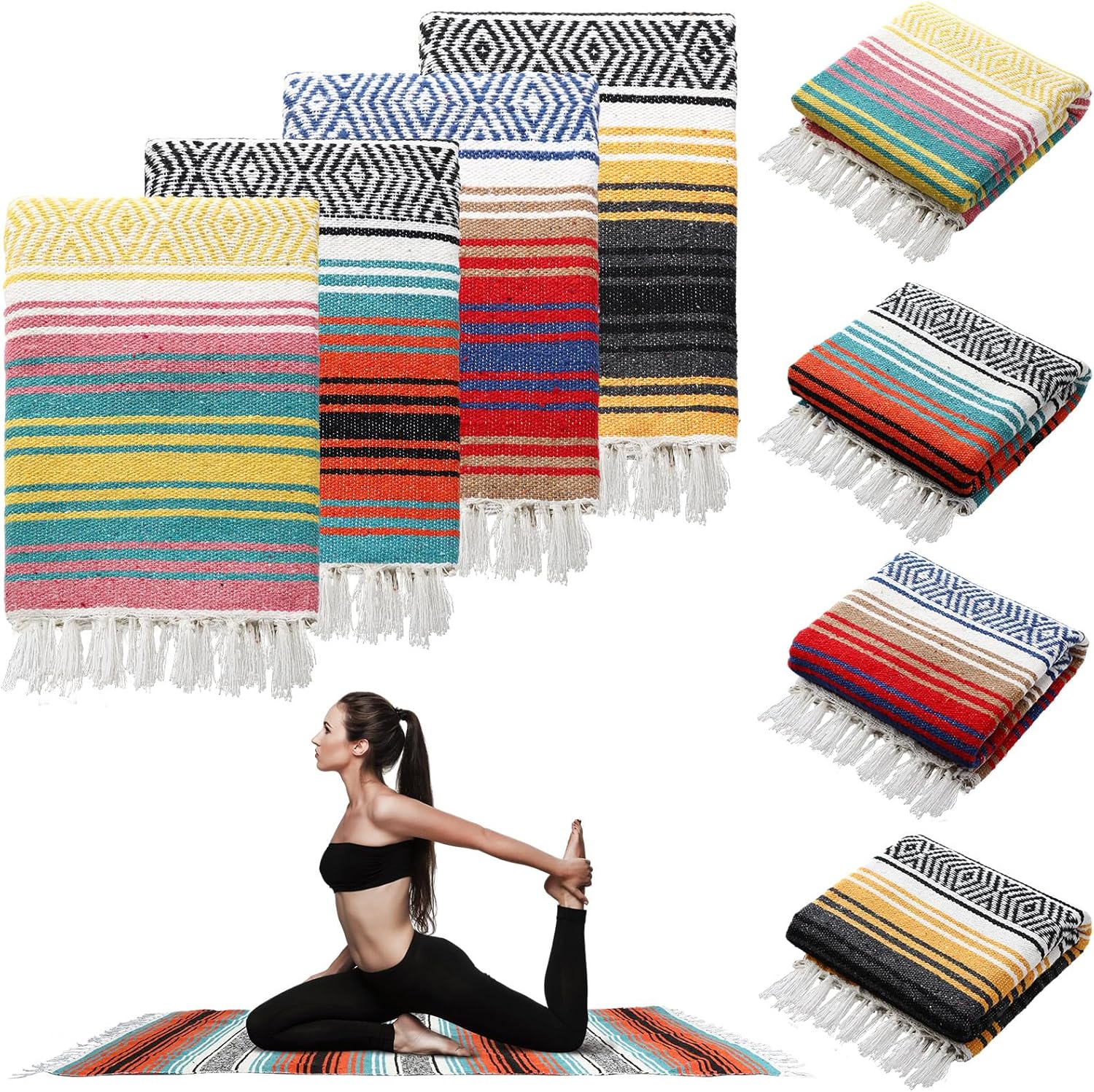 Preboun 4 Pcs Large Mexican Yoga Blanket Pack 45 x 70 Inch Thick Woven Camping Picnic Beach Car Travel Throw Blanket Outdoor Patio Mat Towel
