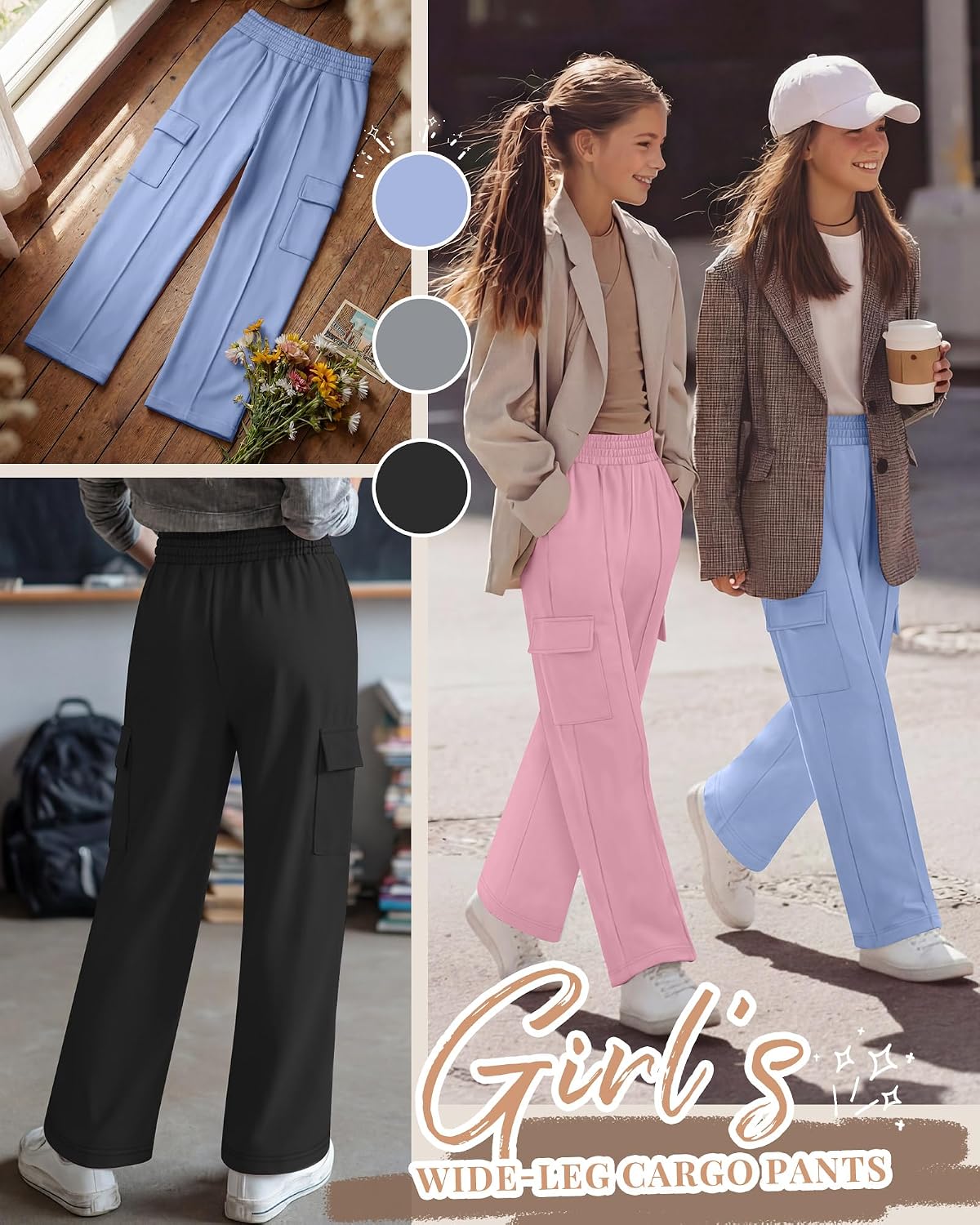 3 Pack Girls Wide Leg Sweatpants Cargo Pants High Waisted Baggy Causal Loose Kids Elastic Waistband Pants Joggers